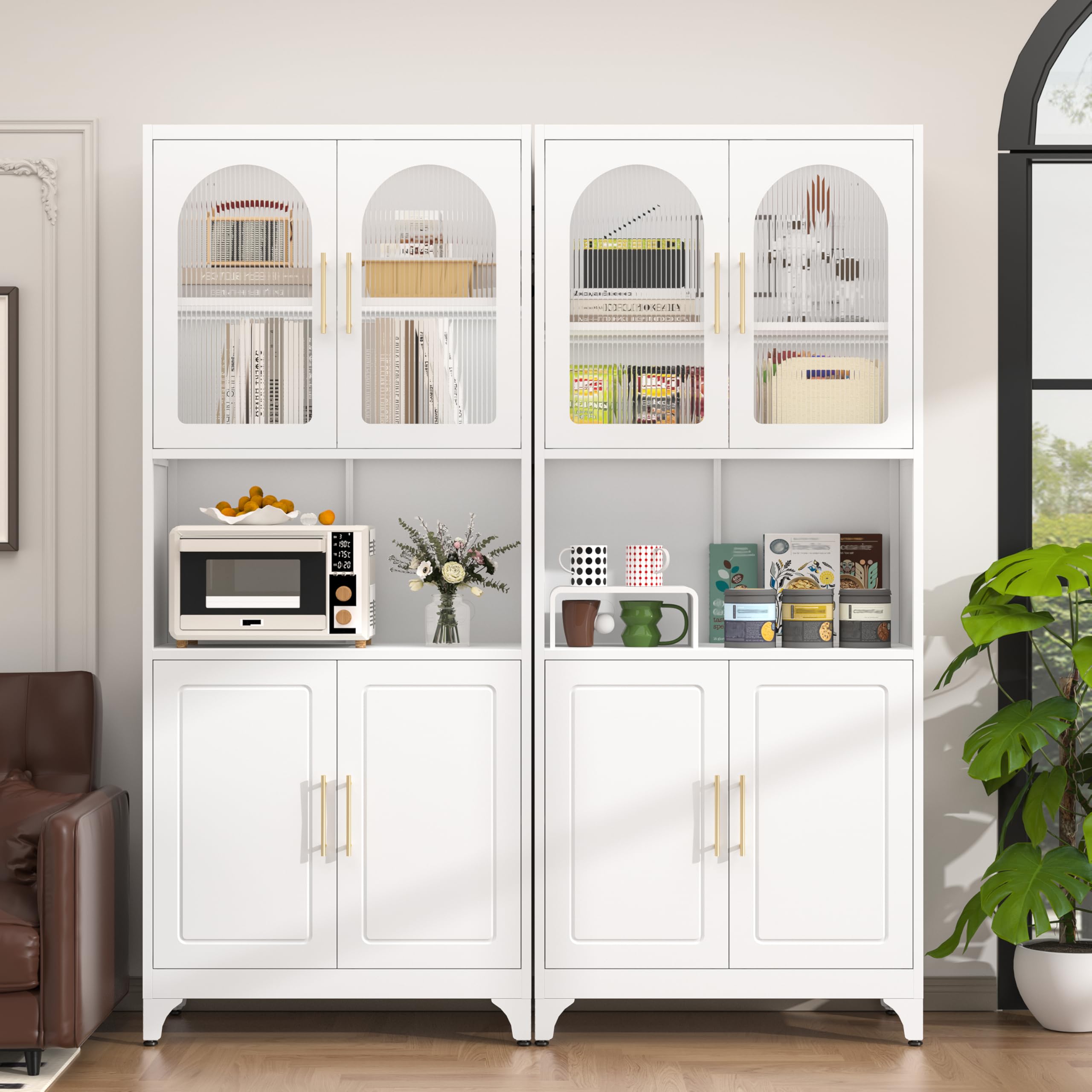 75" Tall Metal Kitchen Storage Cabinet,White Kitchen Pantry Storage Cabinet with Doors and 4 Adjustable Shelves,Utility Cabinet for Living Room,Garage,Dining Room and Office,Assemble Required
