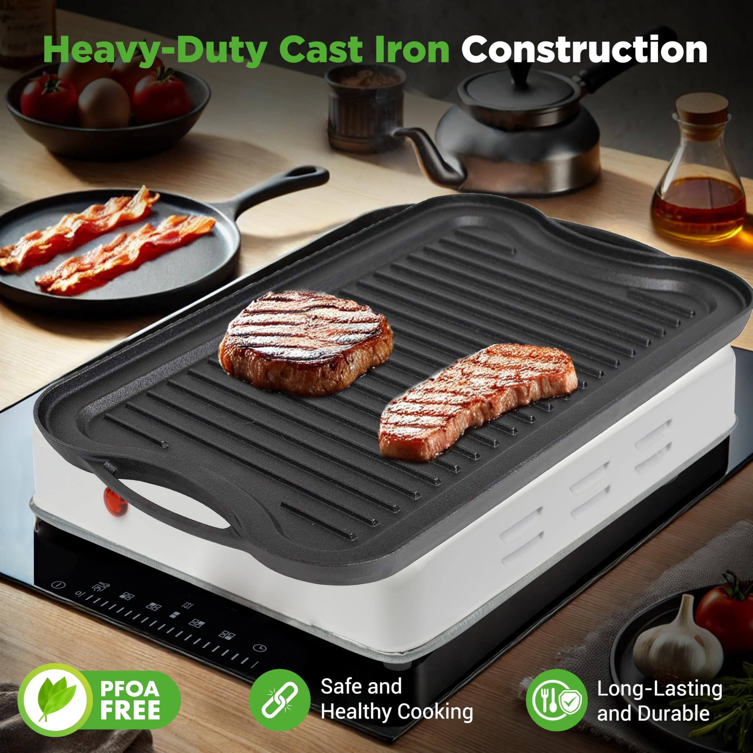 NutriChef Cast Iron Reversible Griddle 18x10 Inch – Pre-Seasoned Flat Top & Ridged Grill Side, Stove Top Griddle for Gas Grill, Outdoor & Indoor Cooking