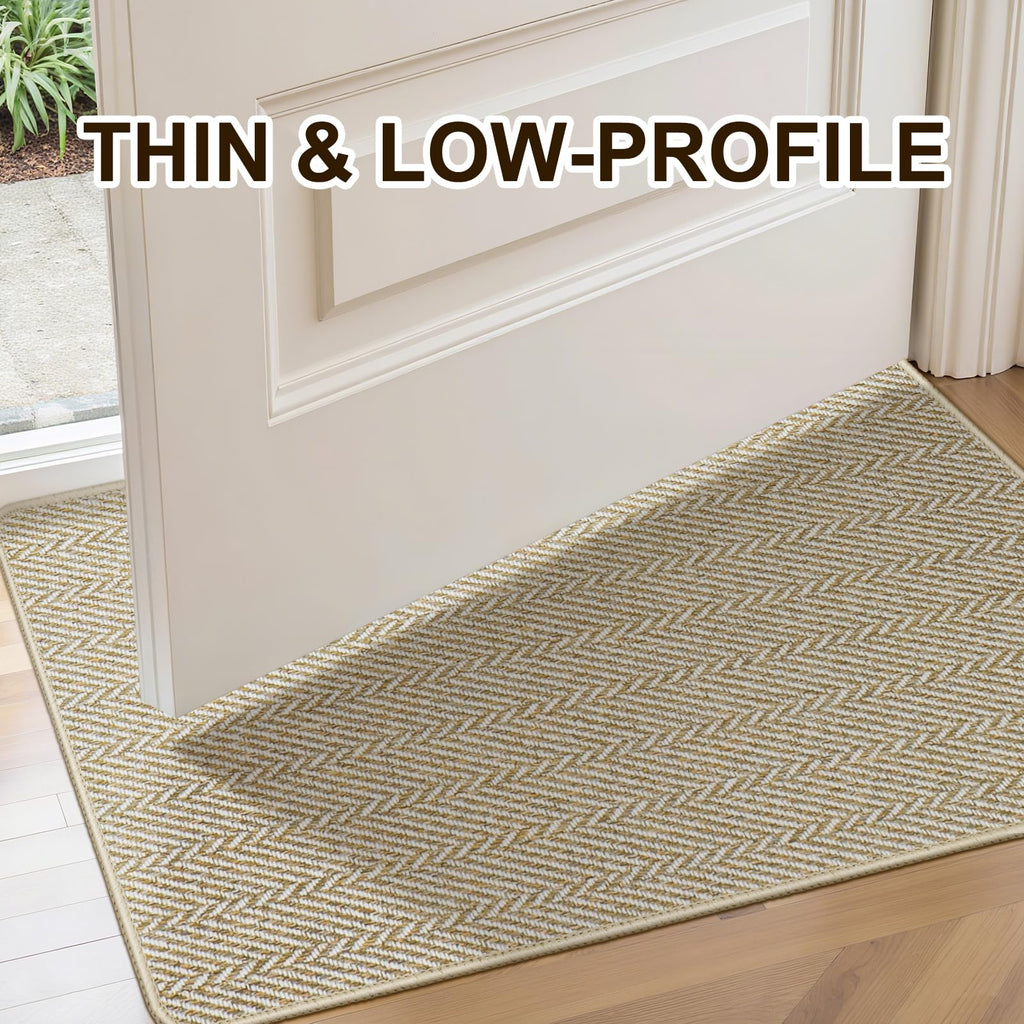 Ultra Thin Door Mat Indoor Entrance 17"x29", Low-Profile Indoor Door Mat, Non Slip Entry Mat Rubber Backing Unique Herringbone Design Inside Doormat Dirt Trapper Entryway Mats, Beige