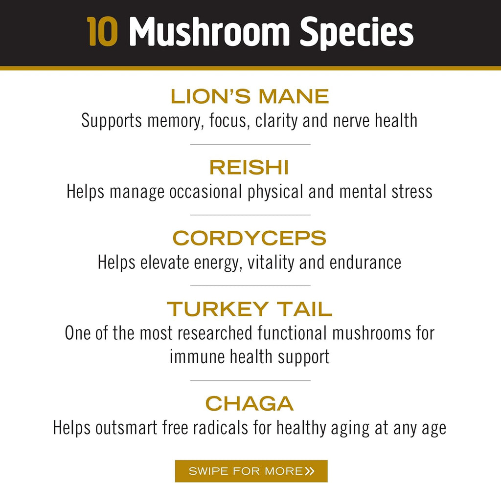 OM Mushrooms Master Blend Mushroom Powder – Organic Mushroom Supplement with 10 Mushrooms and Ashwagandha - Support Immunity, Gut Health & Stress Relief, 6.34 oz (80 Servings)