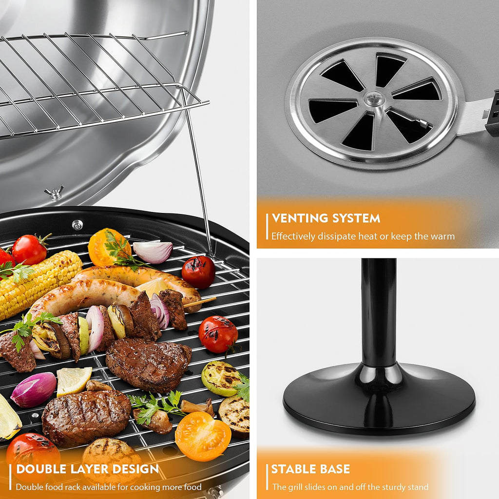 Electric Grill, Techwood Indoor/Outdoor Electric BBQ Grill, 1600W Portable Removable Stand Grill with Adjustable Heat & Drip Tray, Double Layer Design for Party, Patio & Backyard (Black)