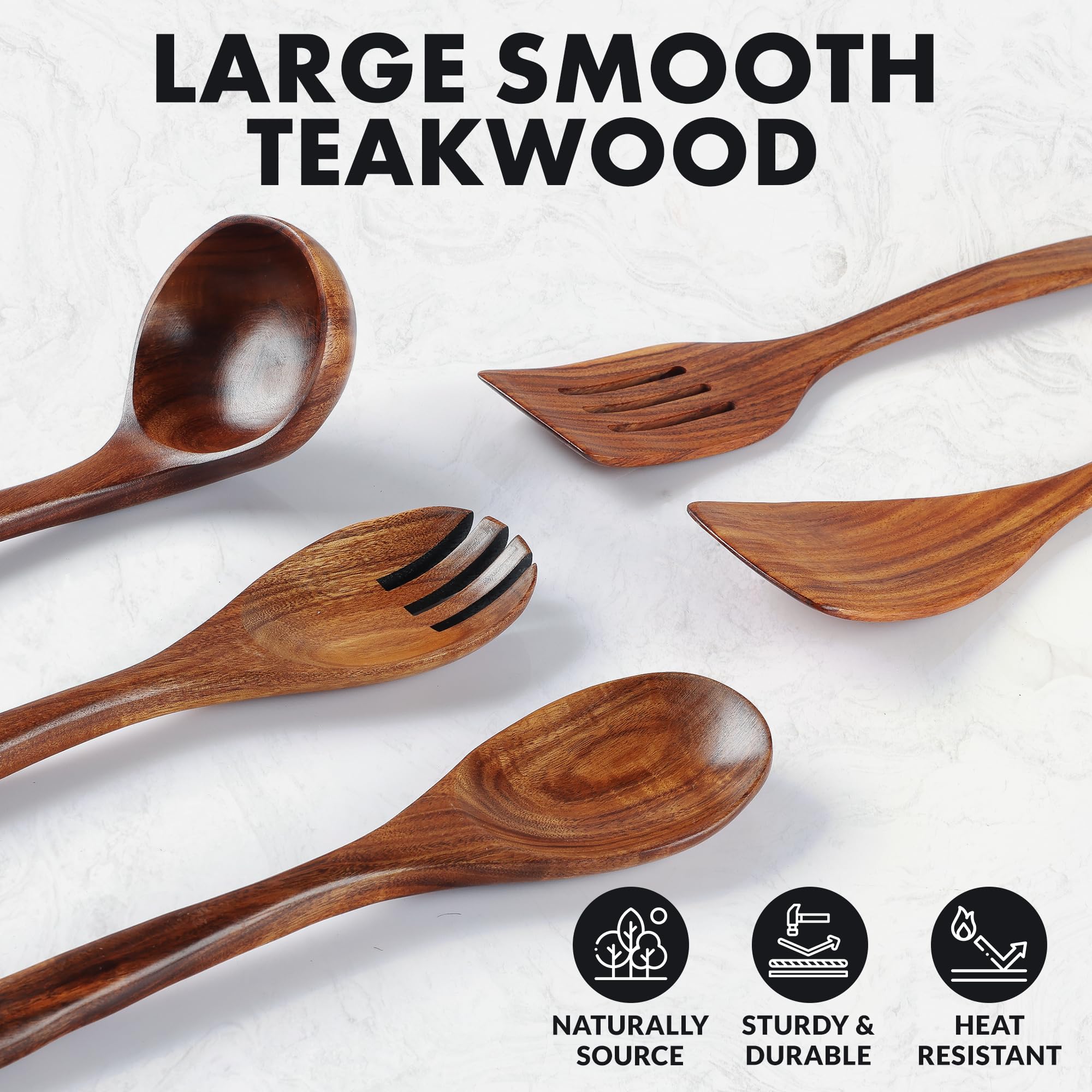 Zulay Kitchen 6 Piece Wooden Spoons for Cooking – Natural Teak Wooden Utensil Set, Easy to Clean, Durable, Smooth with Comfort Grip - Non Toxic Wooden Cooking Utensil Sets