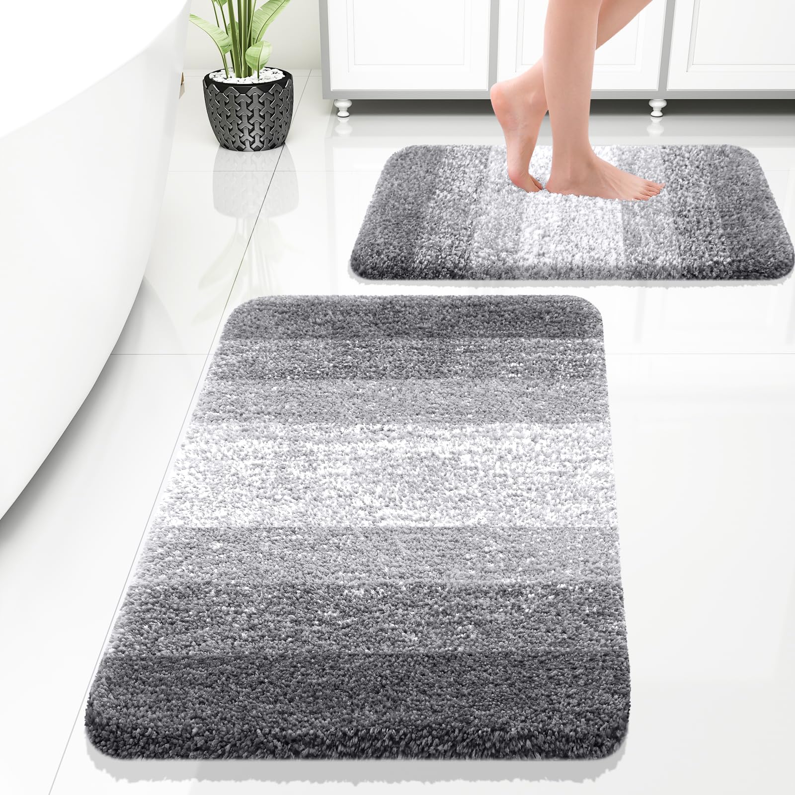 OLANLY Bathroom Rug Set 2 Piece, Soft Absorbent Microfiber Bath Mats and U-Shaped Contour Toilet Rug, Non-Slip, Machine Wash Dry, Plush Shaggy Bath Mats for Bathroom (24"x16"+24"x20", Grey)