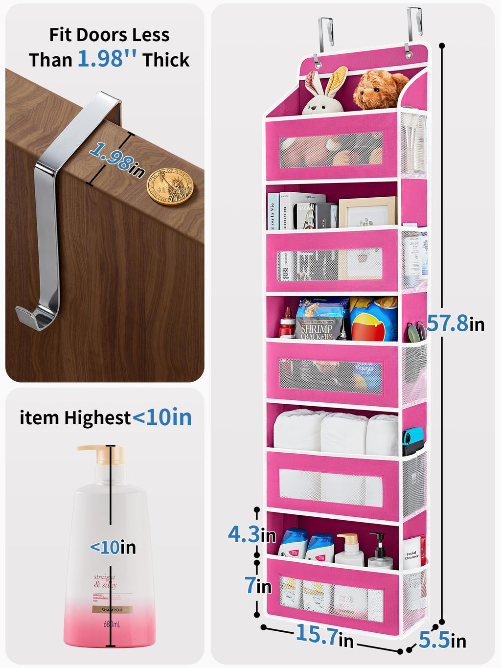 JARLINK Over The Door Organizer Storage, 5 Shelf Hanging Door Organizer with 5 Large Capacity Pockets, Anti Tilt 44 lb Load Behind Door Storage for Bedroom, Bathroom, Pantry, Nursery, (Grey)