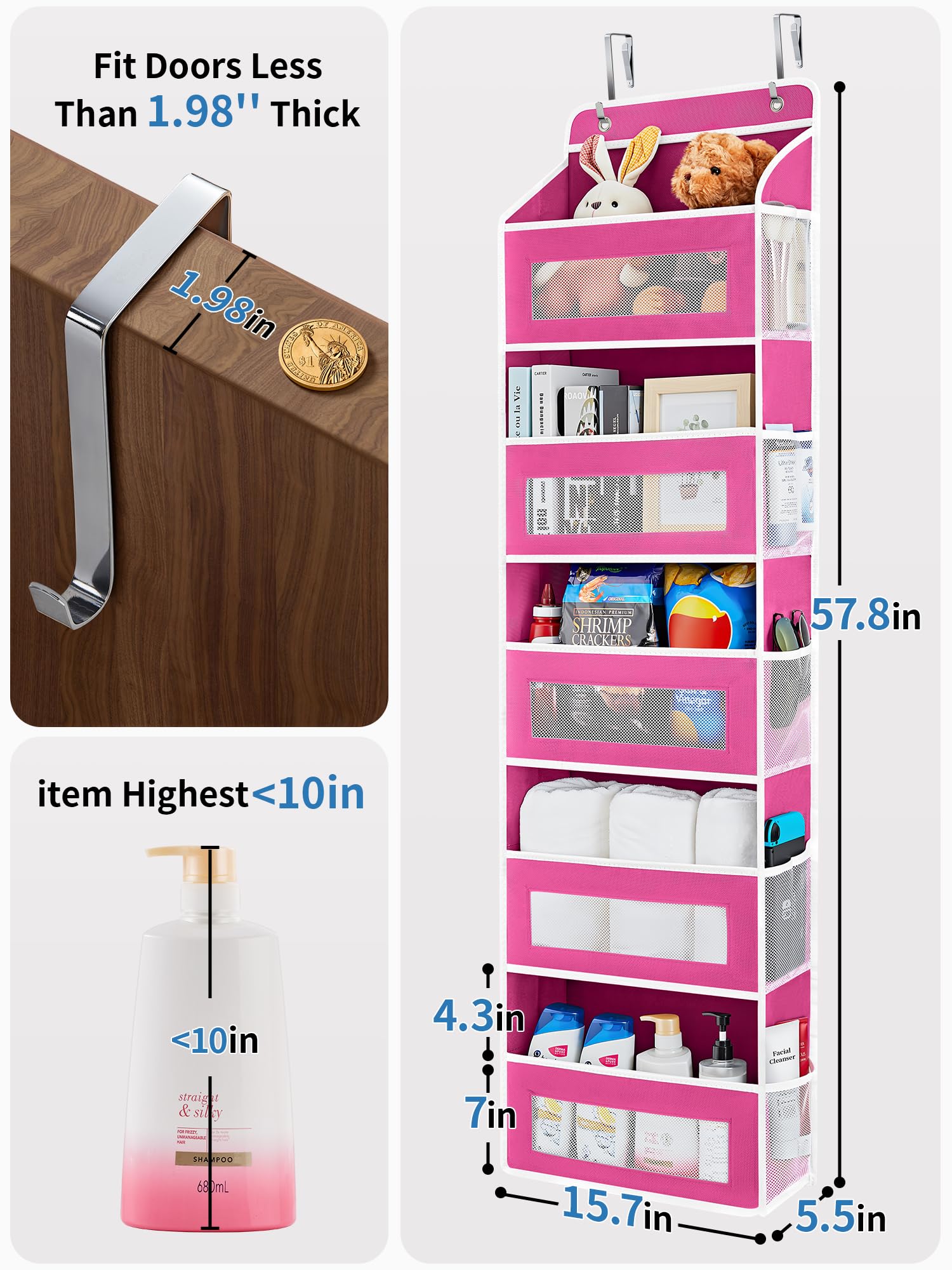 JARLINK Over The Door Organizer Storage, 5 Shelf Hanging Door Organizer with 5 Large Capacity Pockets, Anti Tilt 44 lb Load Behind Door Storage for Bedroom, Bathroom, Pantry, Nursery, (Grey)
