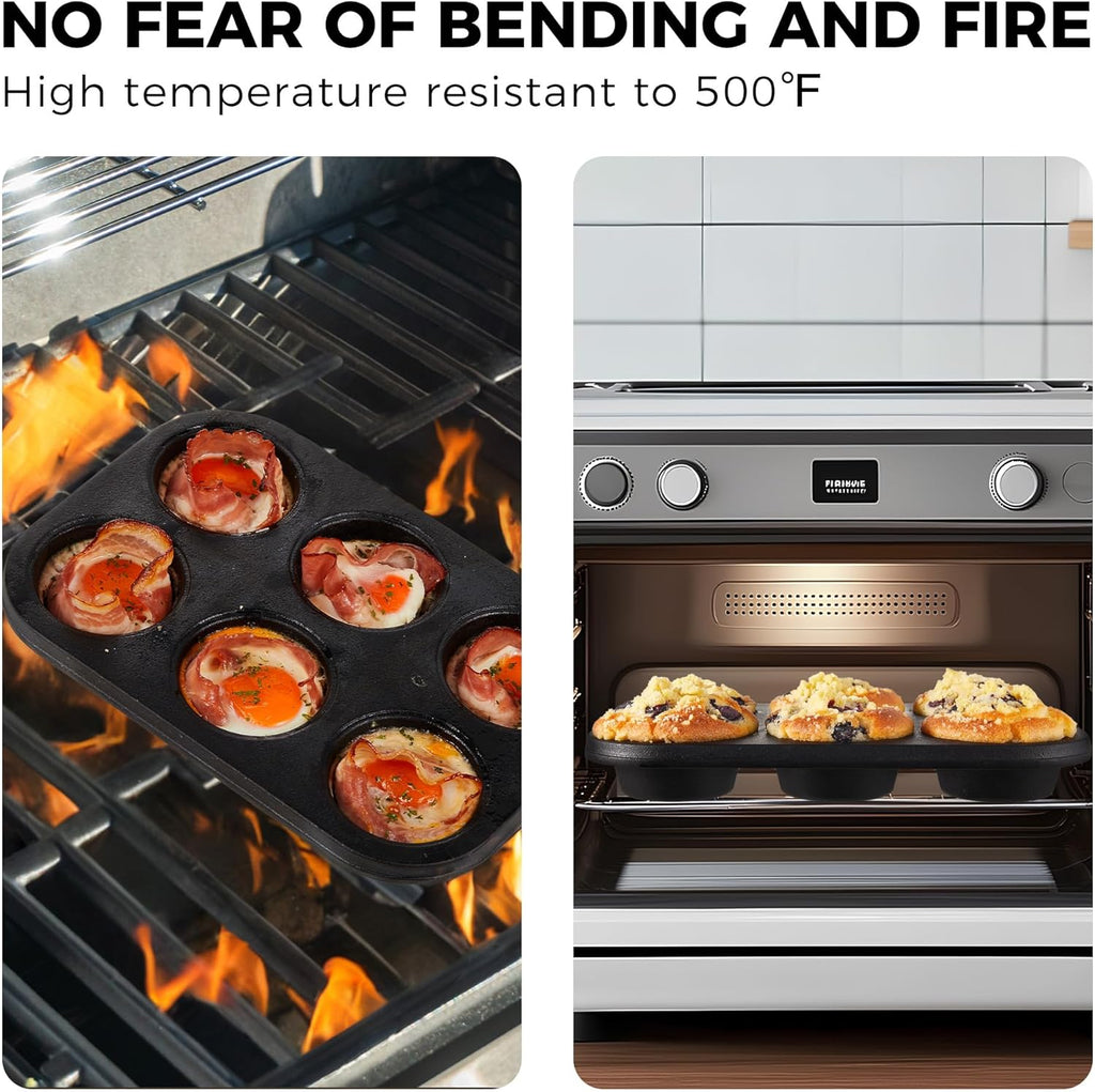 HONGBAKE Cast Iron Muffin Pan, Natural Uncoated Pre-Seasoned Muffin Tin, Nonstick Cupcake Pans for Baking, Stovetop & Oven Safe, Standard Size 6-Cup