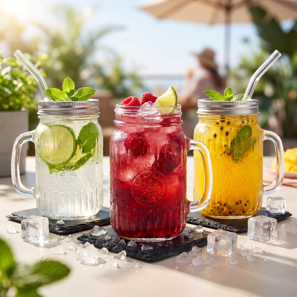 DaYammi Mason Jars with Lids and Straws, 6 Pack 16 Oz Glass Cups for Cold Beverages, Juice, Smoothies, Iced Coffee, Cocktails Leak-Proof Drinking Glasses with Sealed & Straw Lids, Colorful