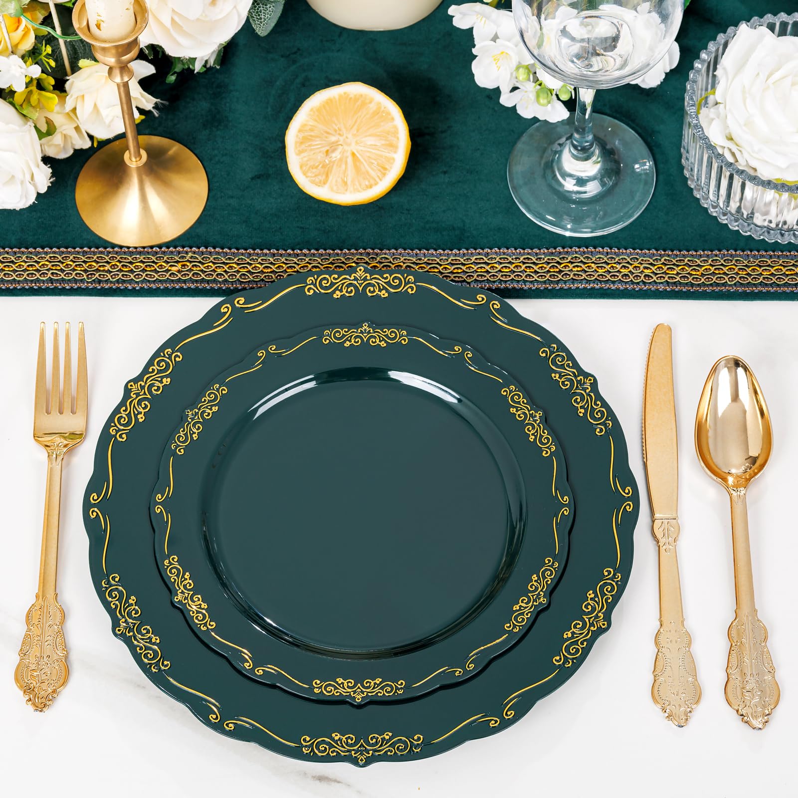 DaYammi 150Pcs Ivory Plastic Plates with Gold Rim,Disposable Plastic Plates Include 30 Dinner Plate,30 Salad Plate,30 Forks,30 Spoons,30 Knives,Ivory and Gold Plates for Party,Wedding,Mother's Day