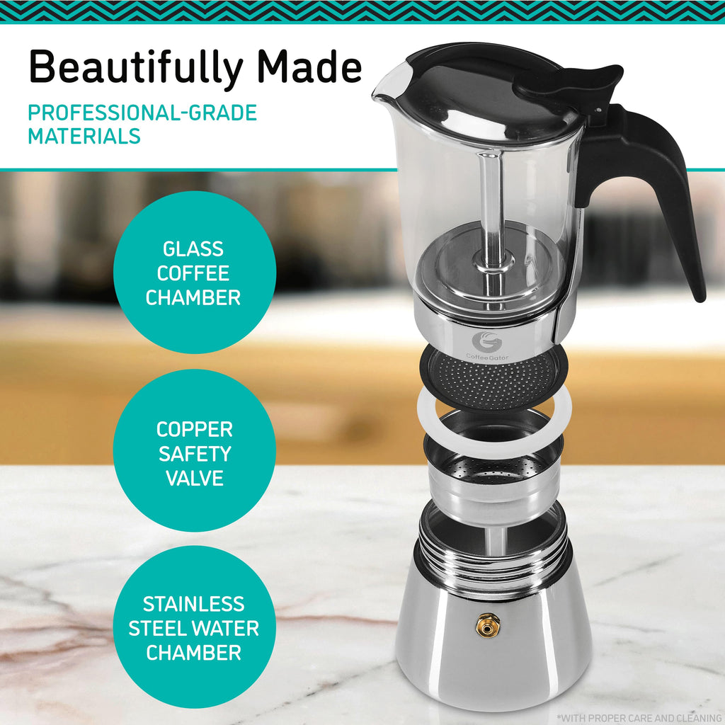 Coffee Gator Moka Pot - 6 Cup, 12oz Stovetop Espresso Maker - Classic Italian and Cuban Coffee Percolator w/ 2 Stainless-Steel Cups – Matte Grey Aluminum, 360ml