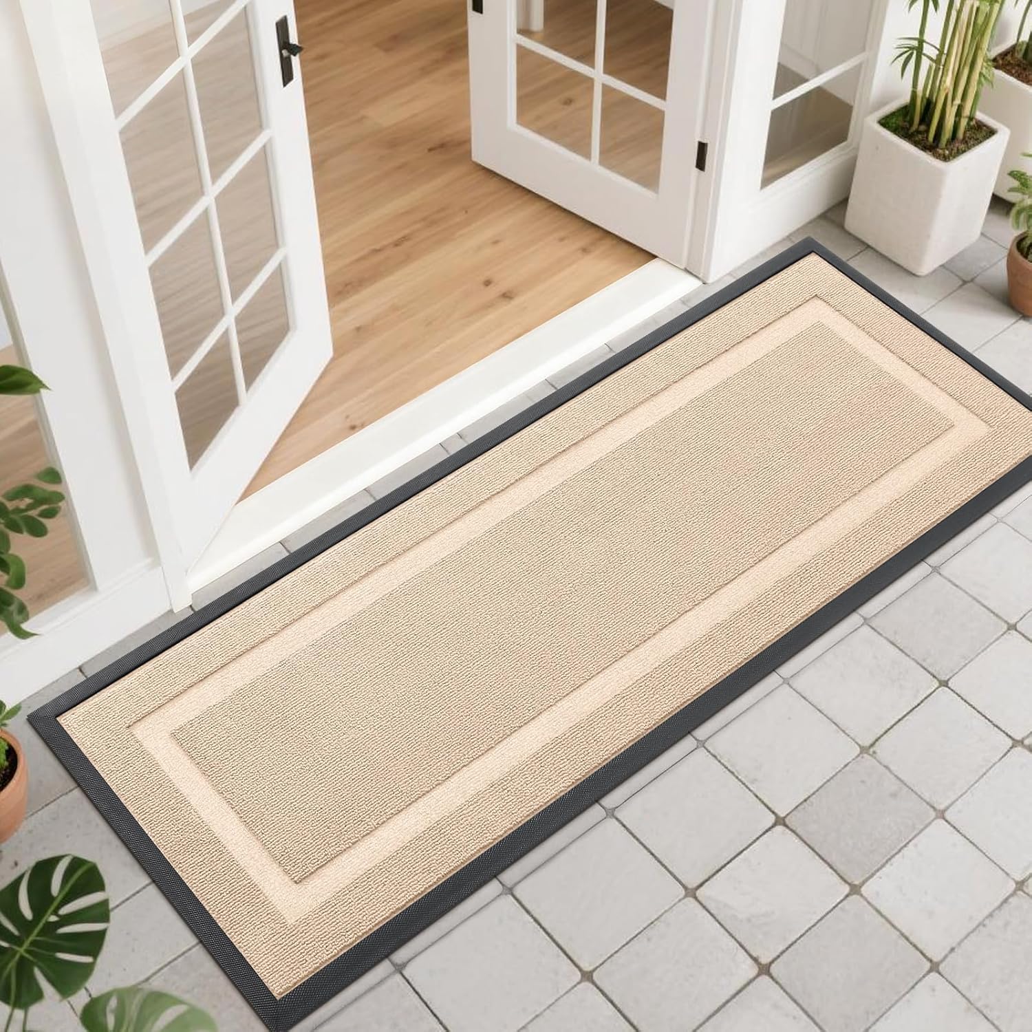OLANLY Front Door Mat Indoor Outdoor Entrance, Waterproof All-Season, All-Weather Doormat, Sturdy Natural Rubber, Fade Resistant, Low Profile, Easy Clean Patio Porch Entryway Mat, 29.5x17, Beige