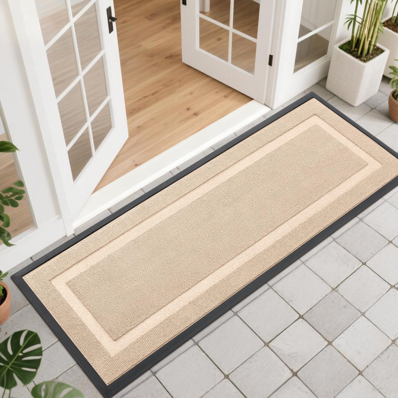 OLANLY Front Door Mat Indoor Outdoor Entrance, Waterproof All-Season, All-Weather Doormat, Sturdy Natural Rubber, Fade Resistant, Low Profile, Easy Clean Patio Porch Entryway Mat, 29.5x17, Black