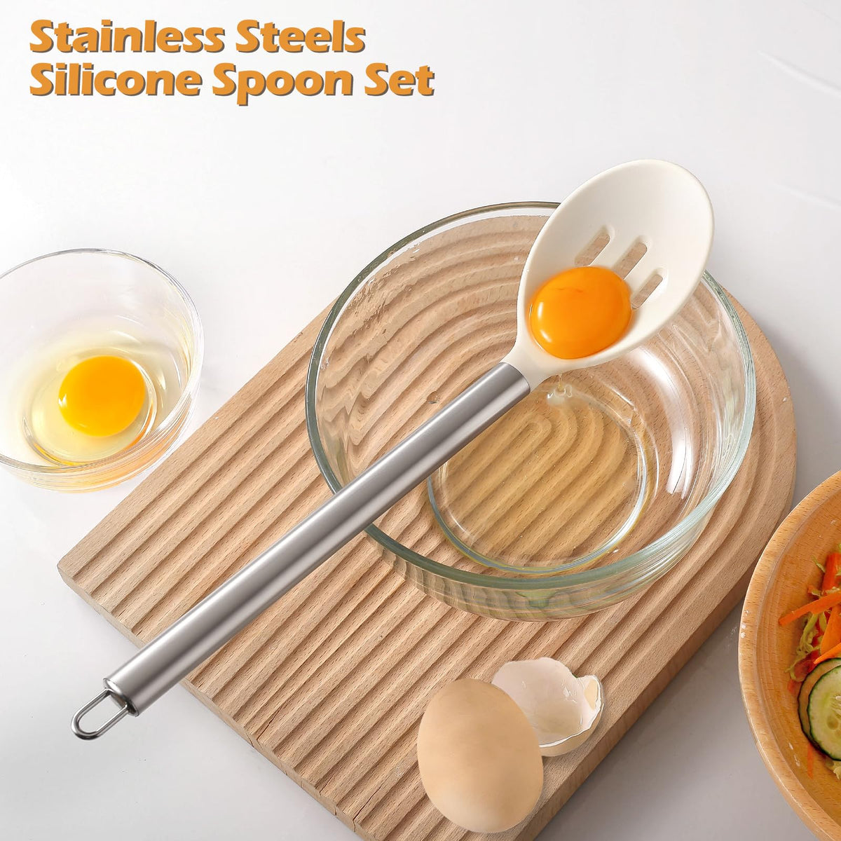 MANJIA Silicone Slotted and Solid Cooking Spoons Set, 2 Piece, Khaki