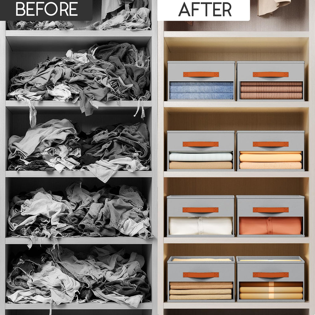 Homsorout Clothes Organizers and Storage - 4/5/7 Grids Fabric Jeans Organizer with Handles, Foldable Closet Organizers Dividers, Wardrobe organizer for Pant, Sweater, T-shirt, Scarf, 6 Pack, Beige