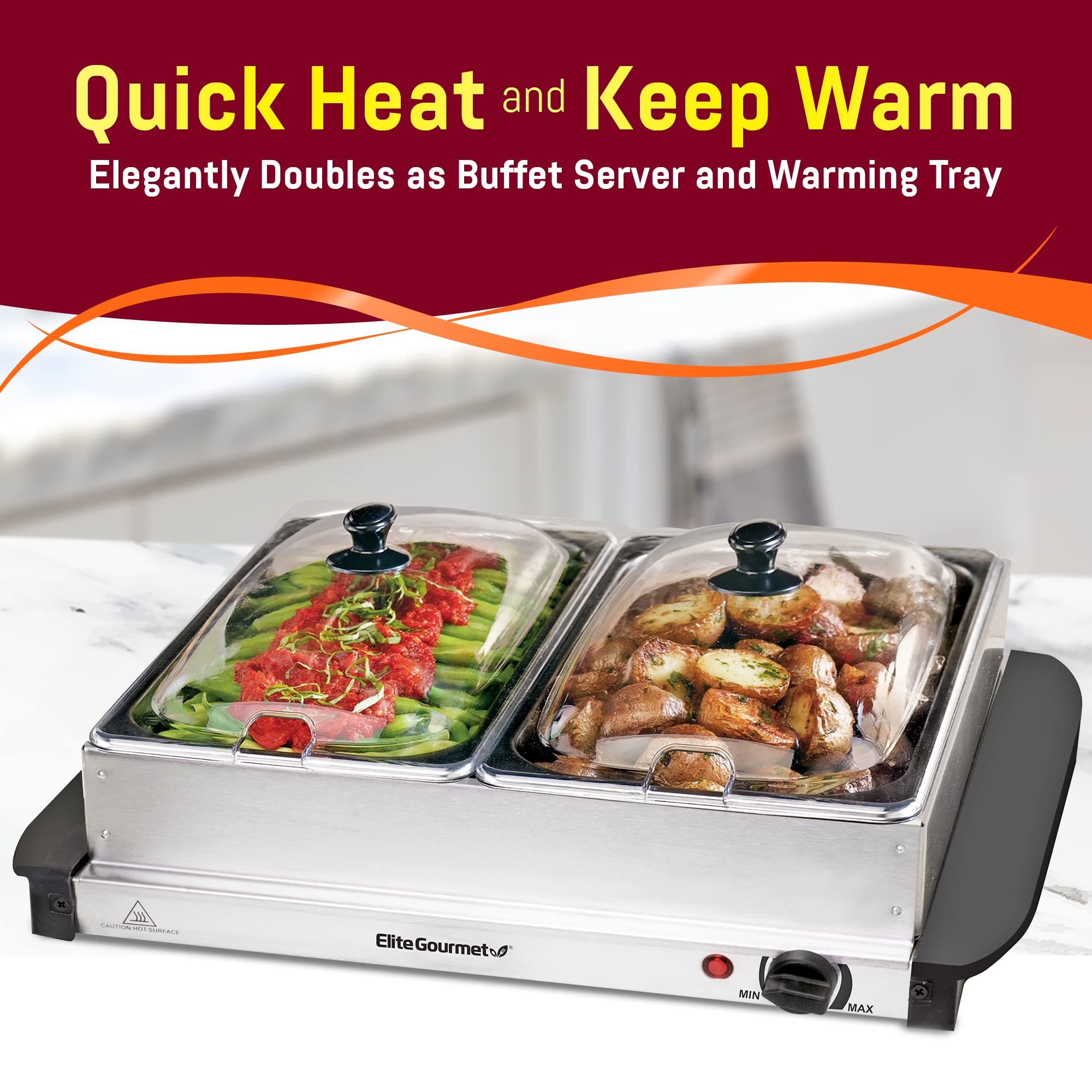 Elite Gourmet EWM-6171 Triple 3 x 2.5 Qt. Trays, Buffet Server, Food Warmer Temperature Control, Clear Slotted Lids, Perfect for Parties, Entertaining & Holidays, 7.5 Qt Total, Stainless Steel