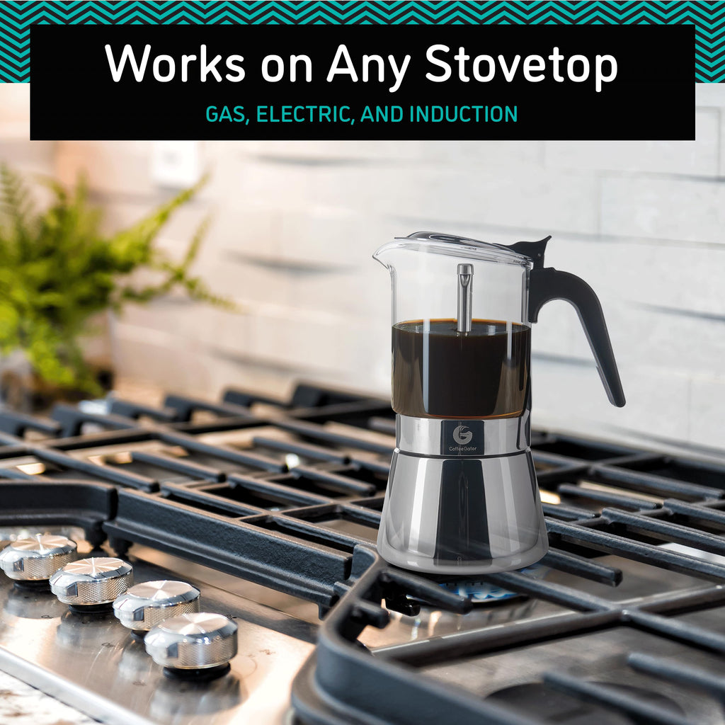 Coffee Gator Moka Pot - 6 Cup, 12oz Stovetop Espresso Maker - Classic Italian and Cuban Coffee Percolator w/ 2 Stainless-Steel Cups – Matte Grey Aluminum, 360ml