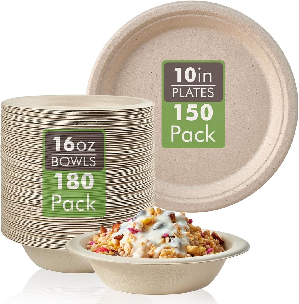 Vplus 150 Pack Compostable Disposable Paper Plates 10 inch and 180 Pack 16 OZ Paper Bowls