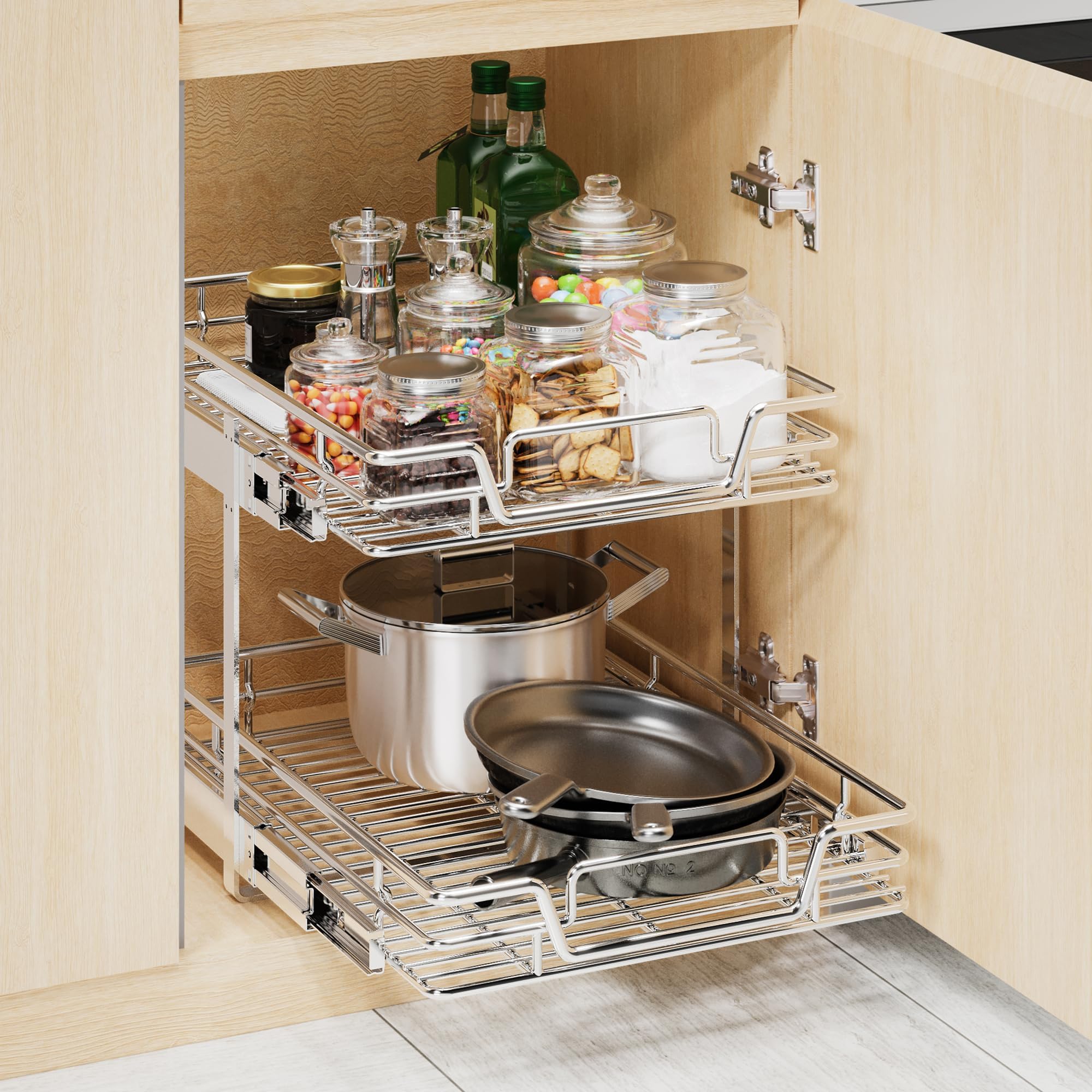 2-Tier Kitchen Cabinet,Pull Out Cabinet Organizer,Shelf and Drawer Organizer Slide Out Pantry Storaqe Basket in Multiple Sizes (12" W x21 D)