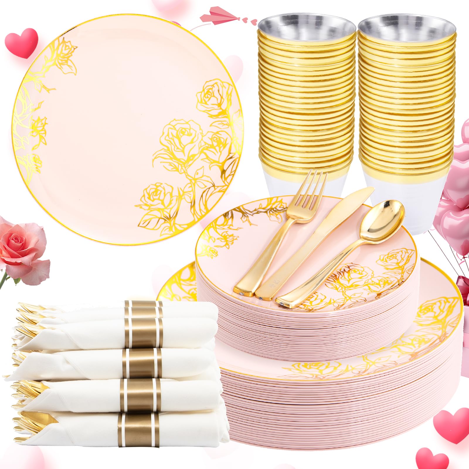 DaYammi 210Pcs White Gold Plastic Plates for Party,Gold Disposable Dinnerware Set Includes 60 gold Floral Plates,30 Plastic Silverware,30 Per Rolled Napkins,30 Cups for Mother's Day Party Wedding