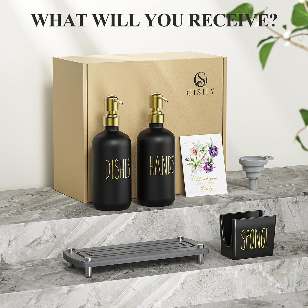 Cisily Kitchen Soap Dispenser Set Comes with Ceramics Sponge Holder, Gold Pumps, and Instant Dry Tray, Hand and Dish Soap Dispenser Set (4, Gold + White + Sponge Holder)