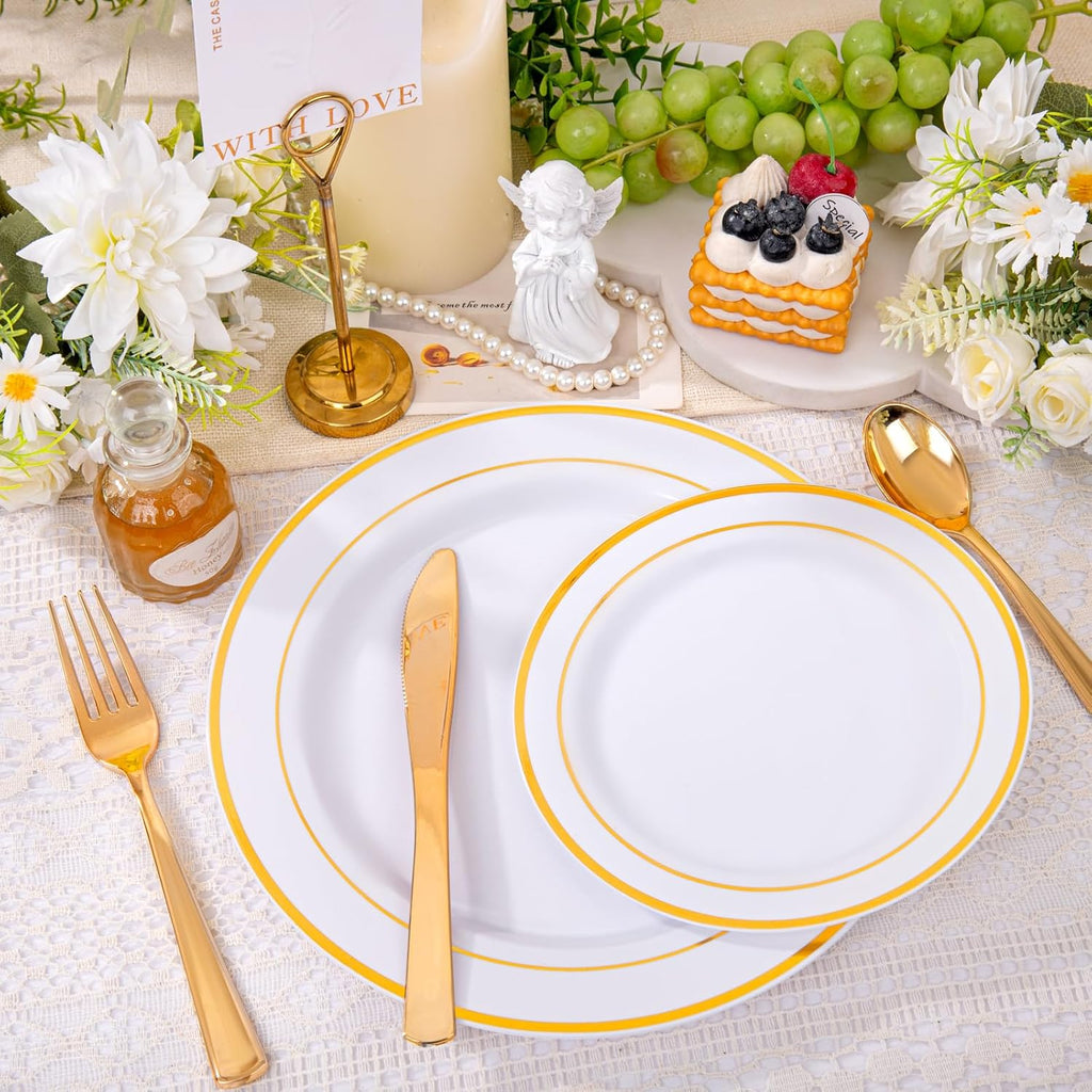 DaYammi 100 Guests Gold Plastic Dinnerware Sets, Includes: 100 Gold Rim Dinner Plates, 100 Salad Plates, 100 Gold Plastic Silverware Set, Perfect for Wedding