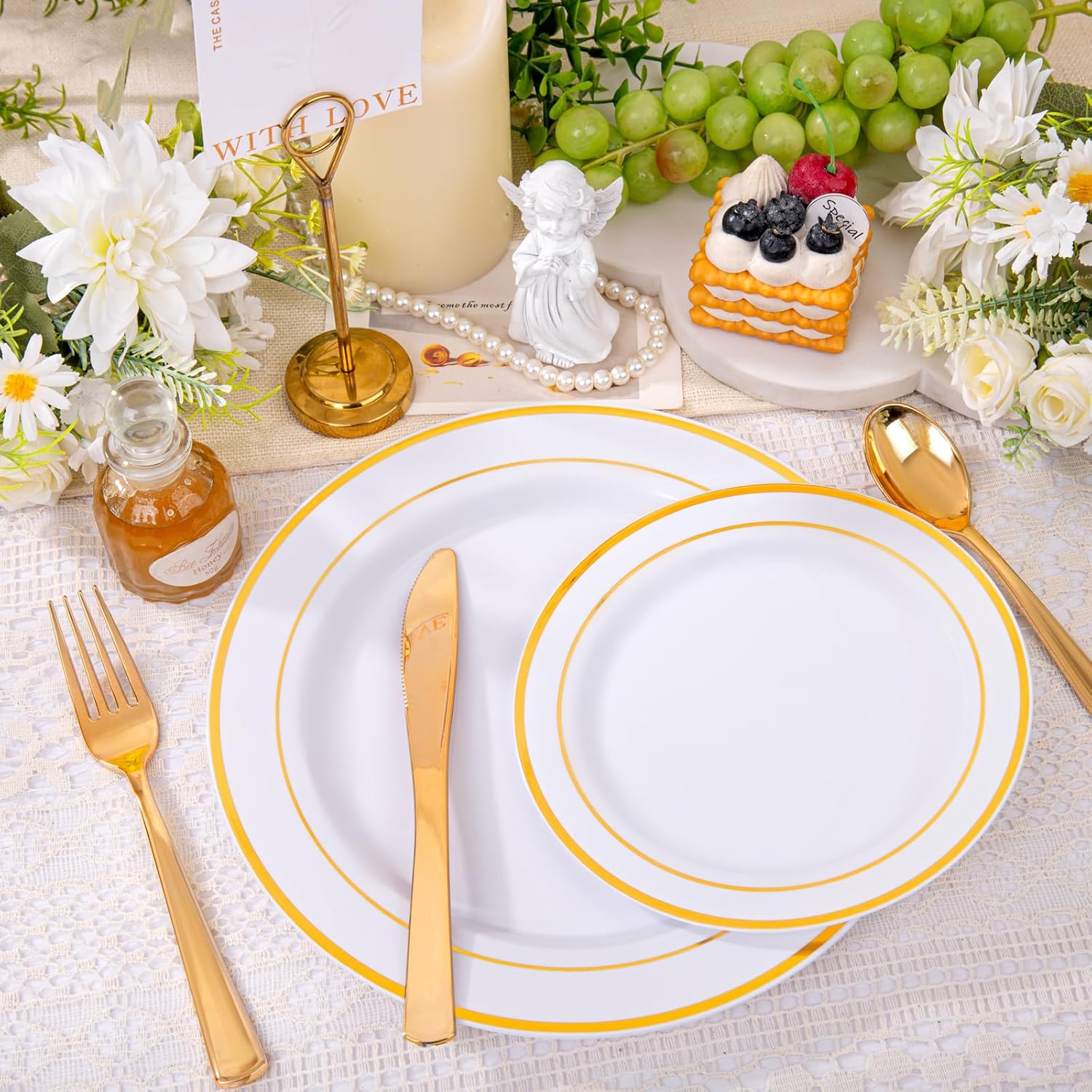 DaYammi 100 Guests Gold Plastic Dinnerware Sets, Includes: 100 Gold Rim Dinner Plates, 100 Salad Plates, 100 Gold Plastic Silverware Set, Perfect for Wedding