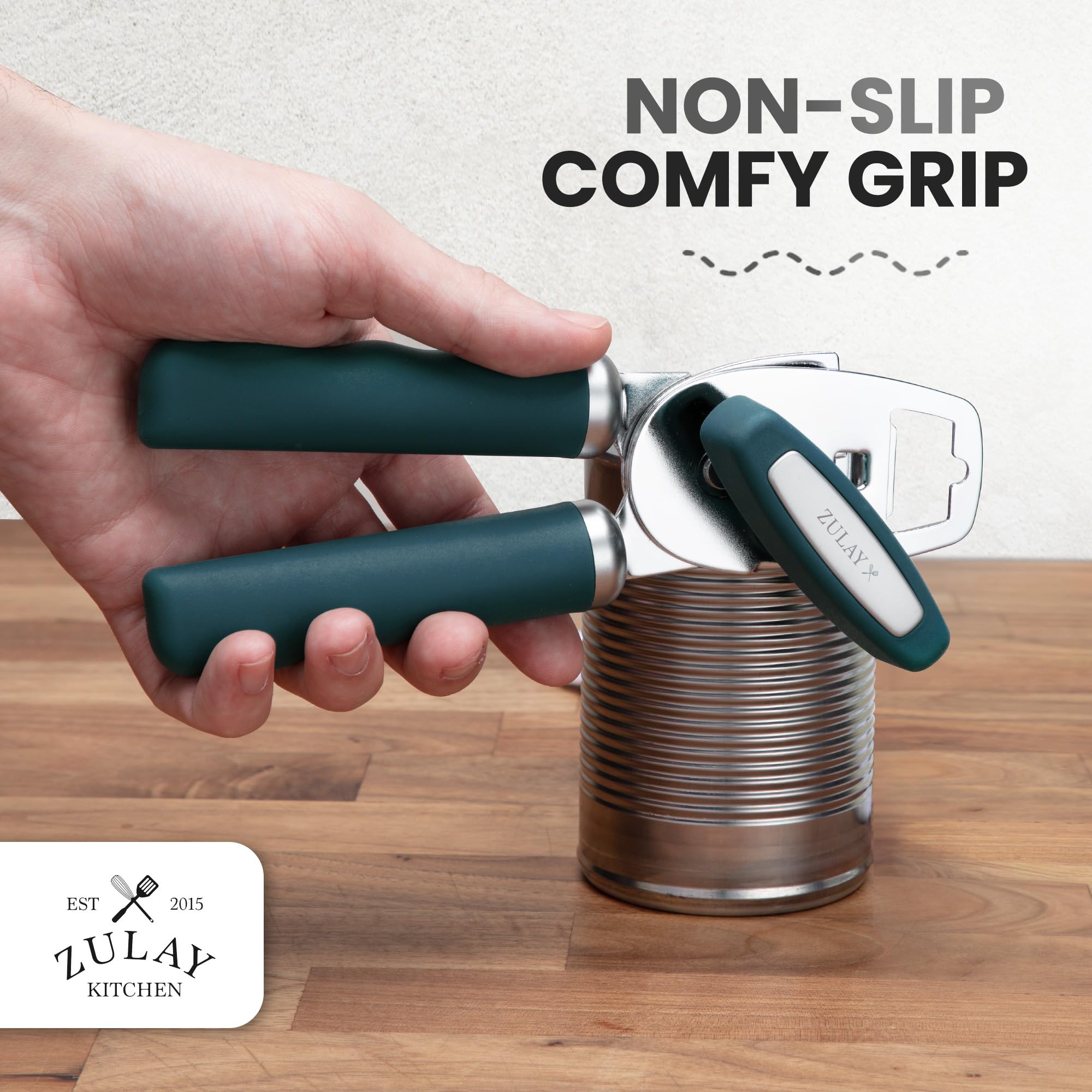 Zulay Kitchen COMFY™ Can Opener Manual with Bottle Opener - Rust Proof Stainless Steel Manual Can Opener With Turn Knob & Comfy Soft Grip Handles - Black