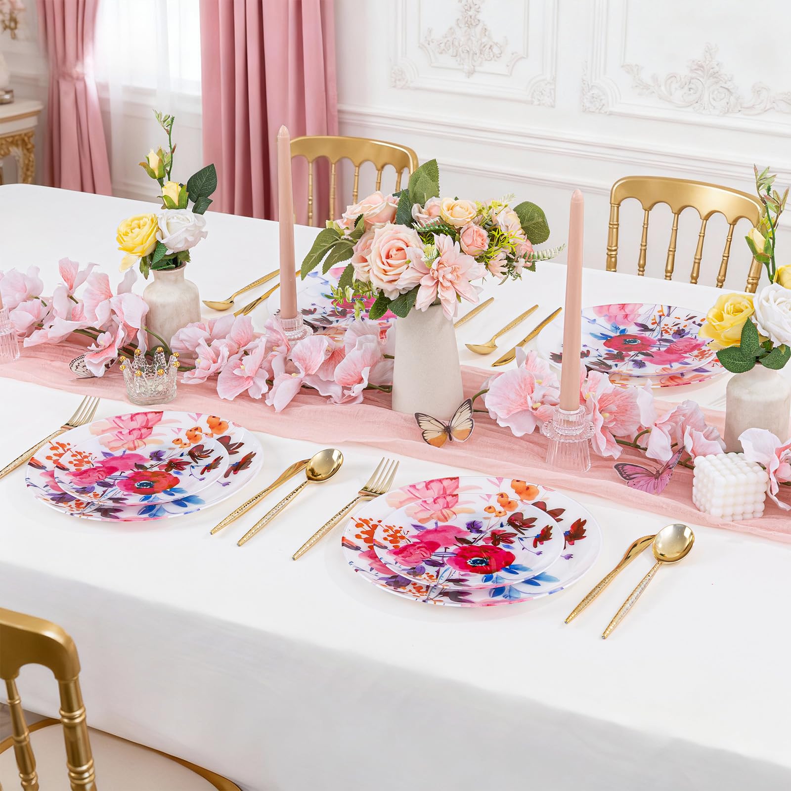 DaYammi 20Pcs Floral Disposable Plastic Plates-Disposable Heavy duty Watercolor Floral Plastic Plates 10.25 inch Dinner plates and 7.5 inch Dessert plates, Disposable Plate for Party Mother's Day