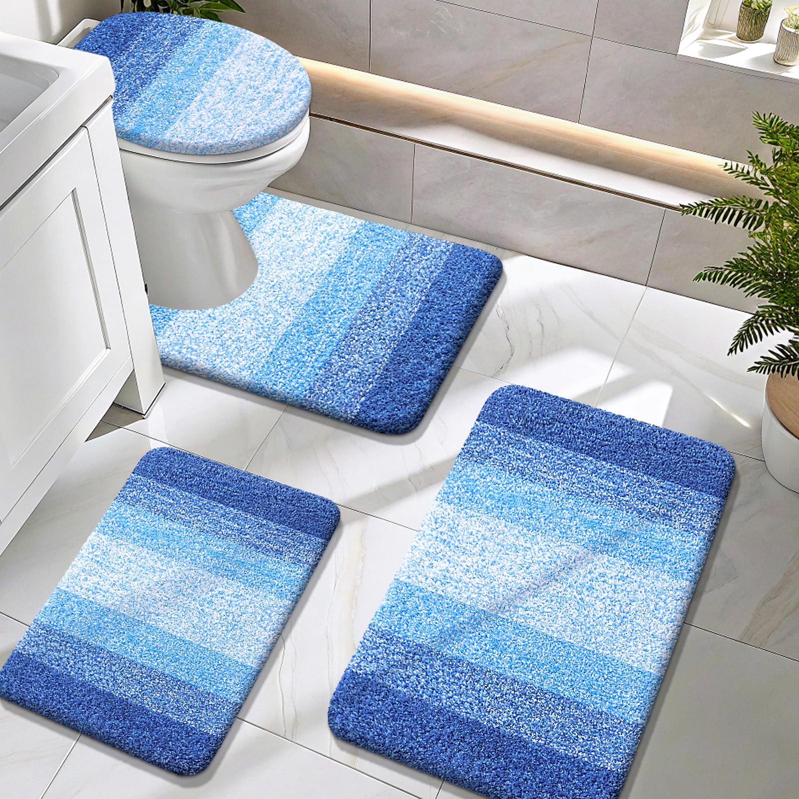 OLANLY Bathroom Rugs Sets 4 piece, Soft Microfiber Absorbent Bath Mat, U-Shaped Contour Toilet Mat and Toilet Lid Cover, Quick Dry, Machine Washable, Toilet Cover and Rug Set for Bathroom, Grey