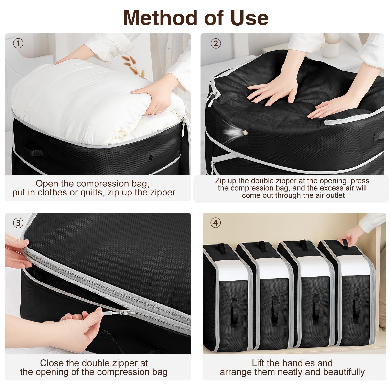 Homsorout 4 Pack Compression Storage Bags - 110L Large Capacity Comforter Storage Bag, 3-Layer Washable Ultra Space Saving Self Compression Organizer Space Bags for Blanket, Sweater, Sheet, Black