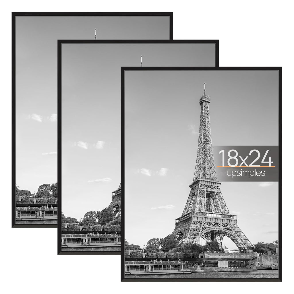 upsimples 12x16 Picture Frame Black 3 Pack, Scratch-Proof Poster Frames 12 x 16 for Photo Gallery - Slide-In Strips, Horizontal or Vertical Wall Mounting