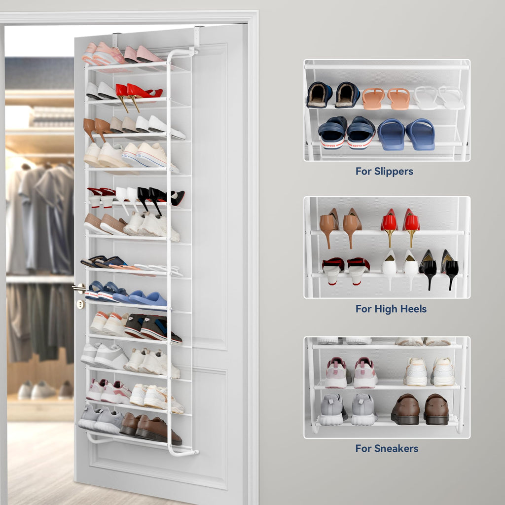 Whitmor 36 Pair Over the Door Shoe Organizer, 12 Tier Hanging Shoe Organizer, Heavy Duty Metal & Mesh Shoe Holder, Hanging Shoe Rack for Closet Organizer & Storage, 74"L x 21.7"W x 7.5"H, White