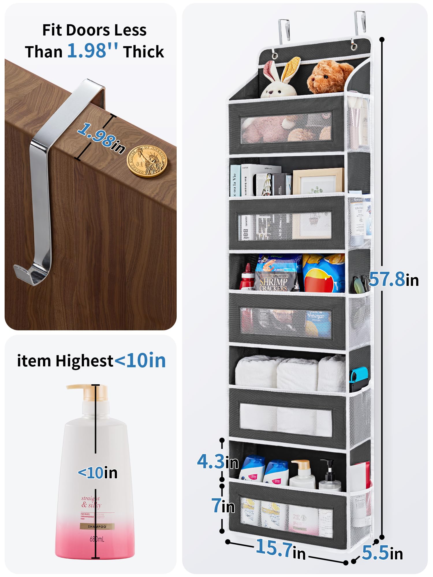 JARLINK Over The Door Organizer Storage, 5 Shelf Hanging Door Organizer with 5 Large Capacity Pockets, Anti Tilt 44 lb Load Behind Door Storage for Bedroom, Bathroom, Pantry, Nursery, (Grey)