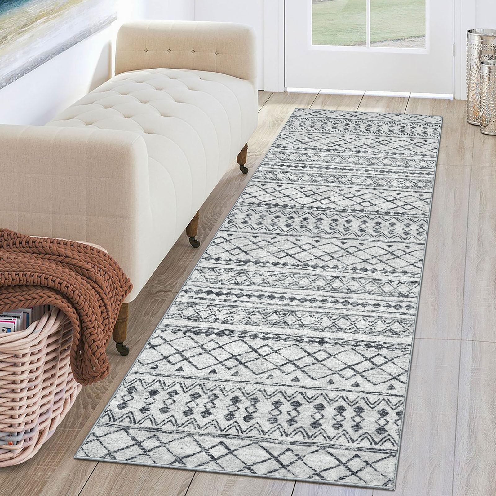 KUTA Washable Non-Slip Rugs for Entryway 2x3, Grey Moroccan Boho Small Area Rug, Ultra Soft Vintage Geometric Low-Pile Indoor Door Mat Floor Carpet for Indoor, Entrance, Kitchen, Bathroom, Bedroom
