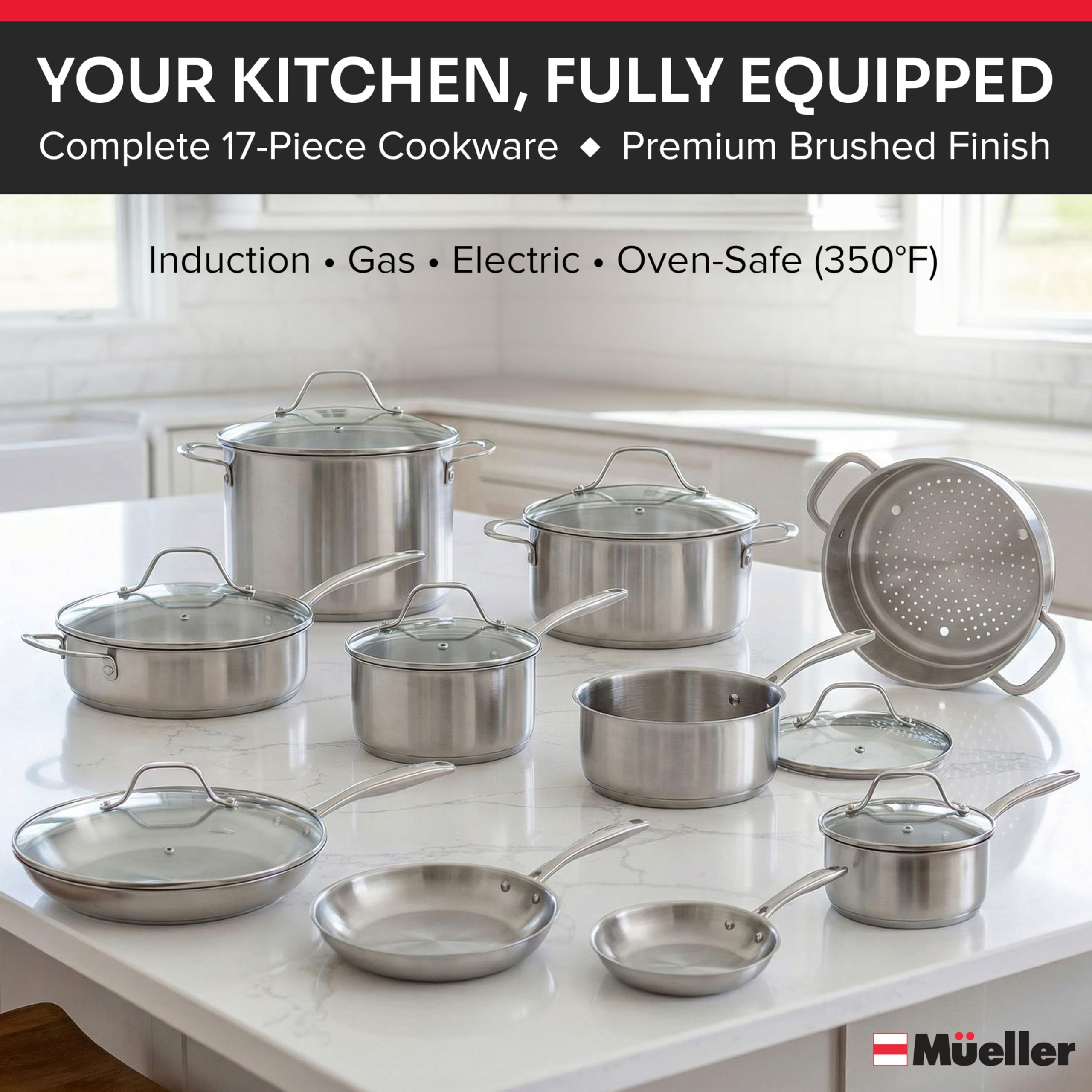 Mueller Pots and Pans Set 17-Piece, Ultra-Clad Pro Stainless Steel Cookware Set, Ergonomic EverCool Handle, Induction Cookware, Includes Saucepans, Skillets, Dutch Oven, Stockpot, Steamer For Cooking
