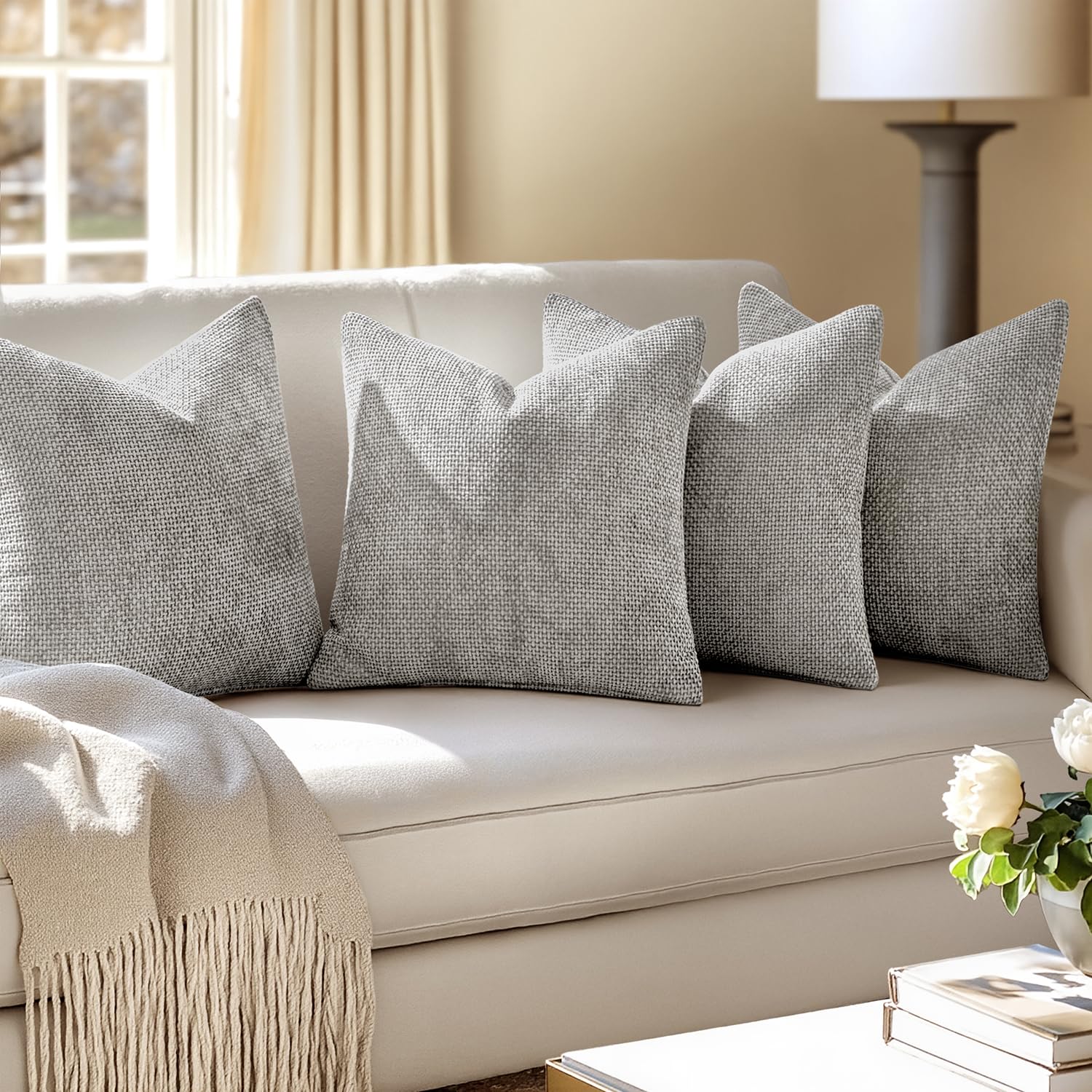 MIULEE Pack of 4 Couch Throw Pillow Covers 18x18 Inch Neutral Blue Soft Decorative Chenille Pillow Covers Farmhouse Accent Cushion Covers for Boho Western Spring Coastal Decor Sofa Bed Living Room
