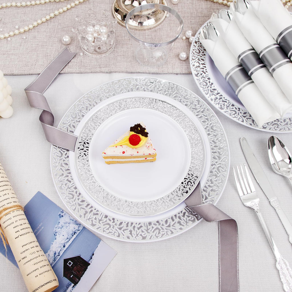 DaYammi 350PCS Gold Plastic Dinnerware Set for 50 Guests, Fancy Disposable Plates for Party, Include: 50 Dinner Plates, 50 Dessert Plates, 50 Pre Rolled Napkins with Gold Silverware, 50 Cups