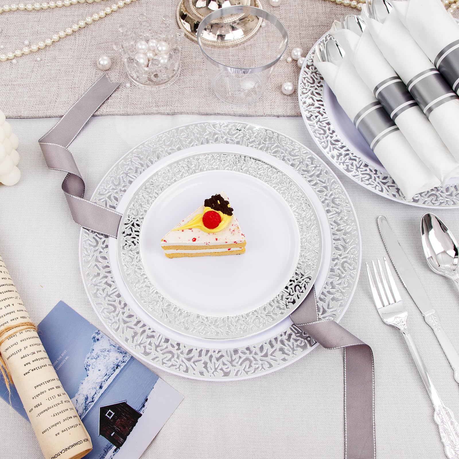 DaYammi 350PCS Gold Plastic Dinnerware Set for 50 Guests, Fancy Disposable Plates for Party, Include: 50 Dinner Plates, 50 Dessert Plates, 50 Pre Rolled Napkins with Gold Silverware, 50 Cups
