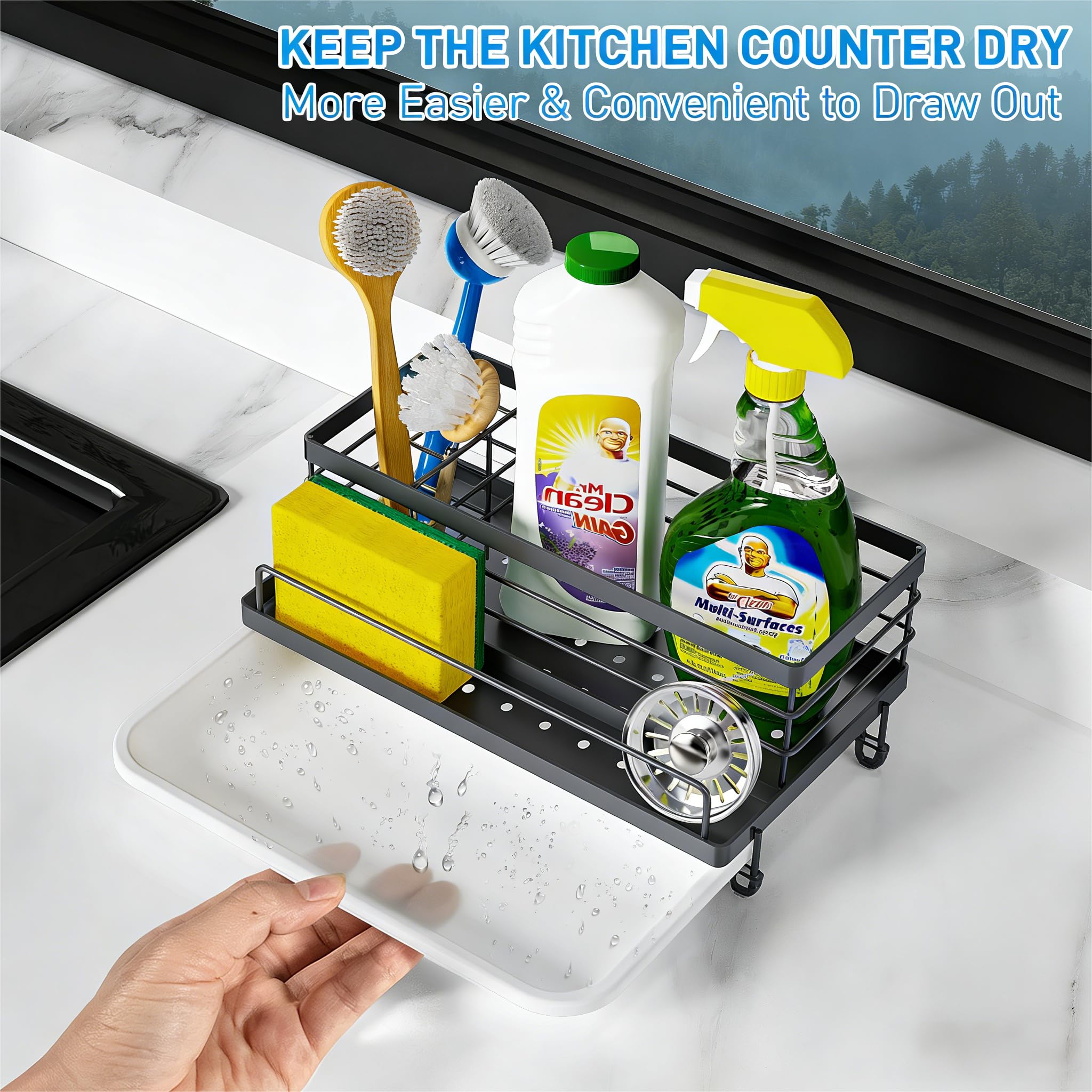 Cisily Black Sponge Holder for Kitchen, Sink Caddy Sink Organizer Rack for Kitchen Accessories with Drip Tray, Rustproof and Non-slip, Soap Dispenser Countertop Organizer Essentials for New Home