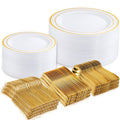 DaYammi 150pcs Gold Plastic Dinnerware Sets, Includes: 30 Gold Rim Dinner Plates, 30 Salad Plates, 30 Plastic Silverware Set, Perfect Fancy Disposable Plates for Party and Wedding