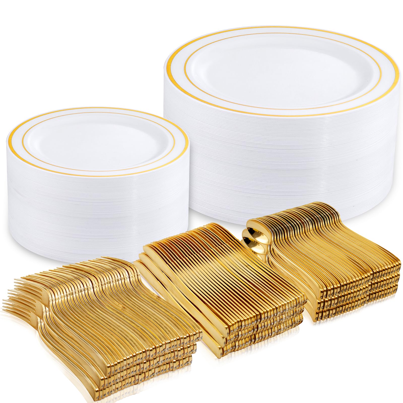 DaYammi 150pcs Gold Plastic Dinnerware Sets, Includes: 30 Gold Rim Dinner Plates, 30 Salad Plates, 30 Plastic Silverware Set, Perfect Fancy Disposable Plates for Party and Wedding