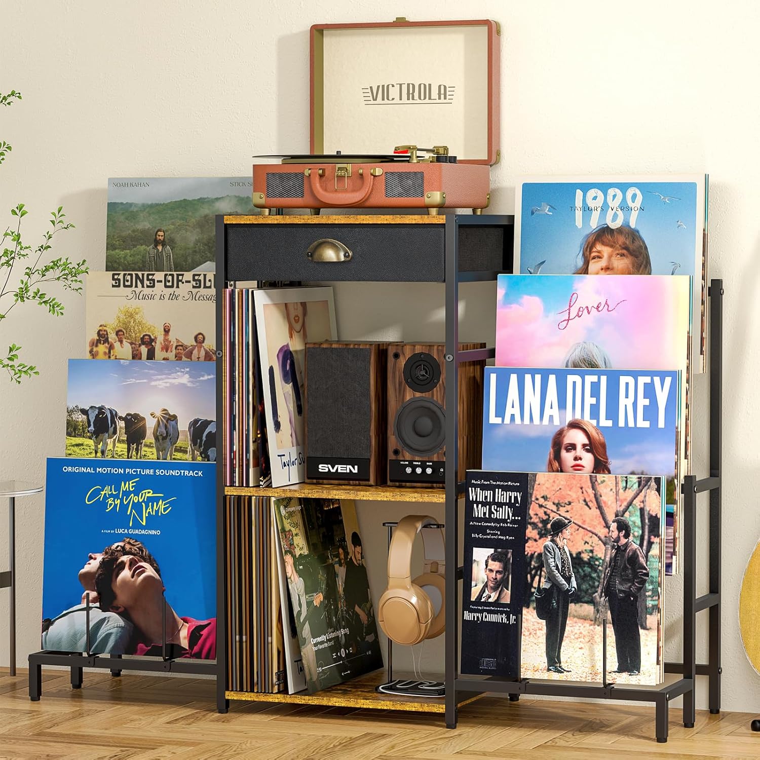 ThreeHio Record Player Stand,Turntable Stand with Vinyl Record Storage, Record Player Table with Vinyl Display Holder Shelf, vinyl Table for Living Room