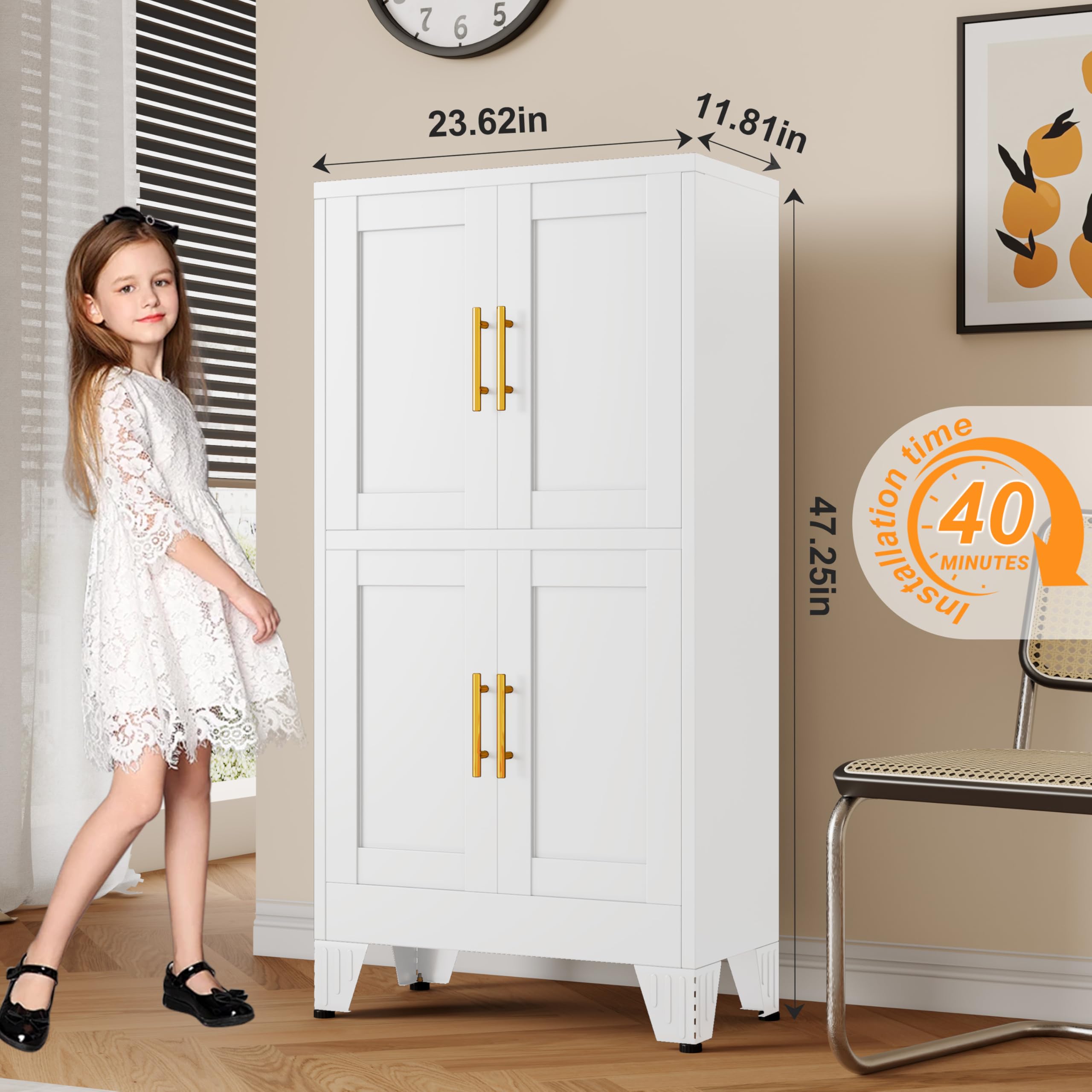 GAIOUS Metal Pantry Cabinet, Kitchen Pantry Storage Cabinets with 2 Door and 3 Adjustable Shelves, White Kitchen Pantry Cabinet, Freestanding Cupboard for Dining Room Living Room Bathroom