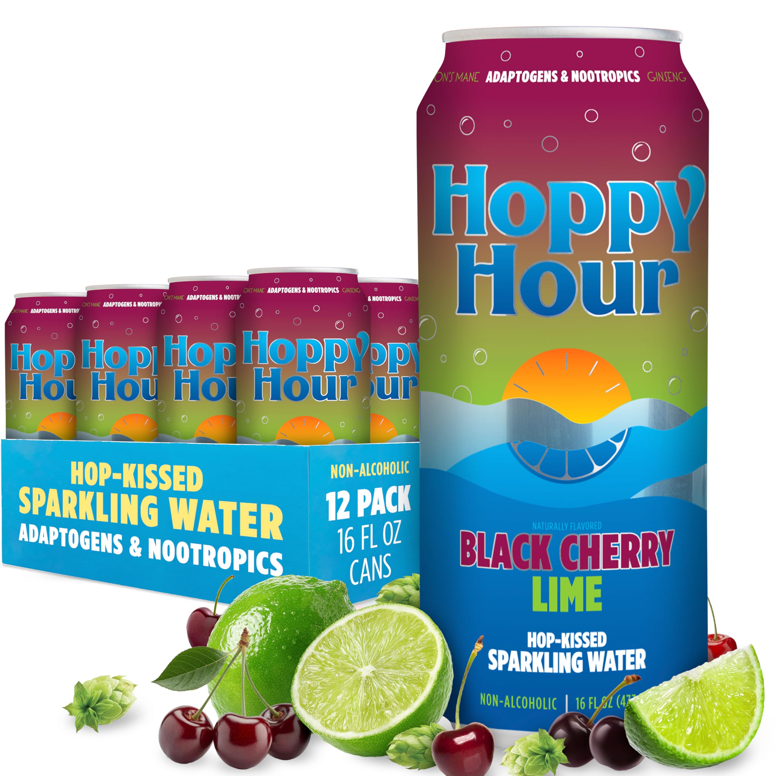 Hoppy Hour Sparkling Hop Water, Non-Alcoholic and Adaptogens Drink, Zero Sugar and Calories, Refreshing Original Citrus Flavor, 12 oz Cans (12-Pack)