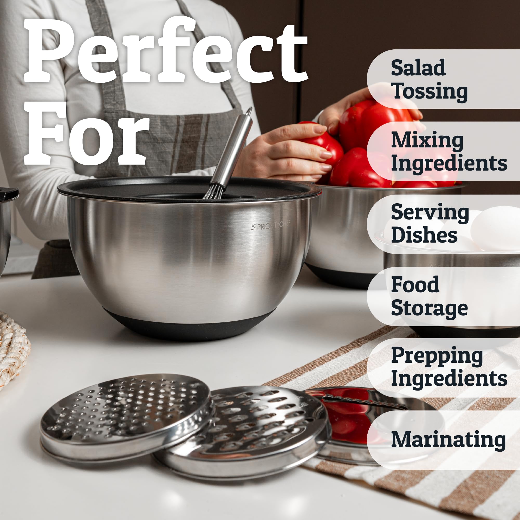 Priority Chef Stainless Steel Mixing Bowls with Lids Set, 3 Grater Attachments, Airtight Lids, Non-Slip Silicone Base Mixing Bowl Set, Large Prep Metal Mixing Bowls for Kitchen, Black
