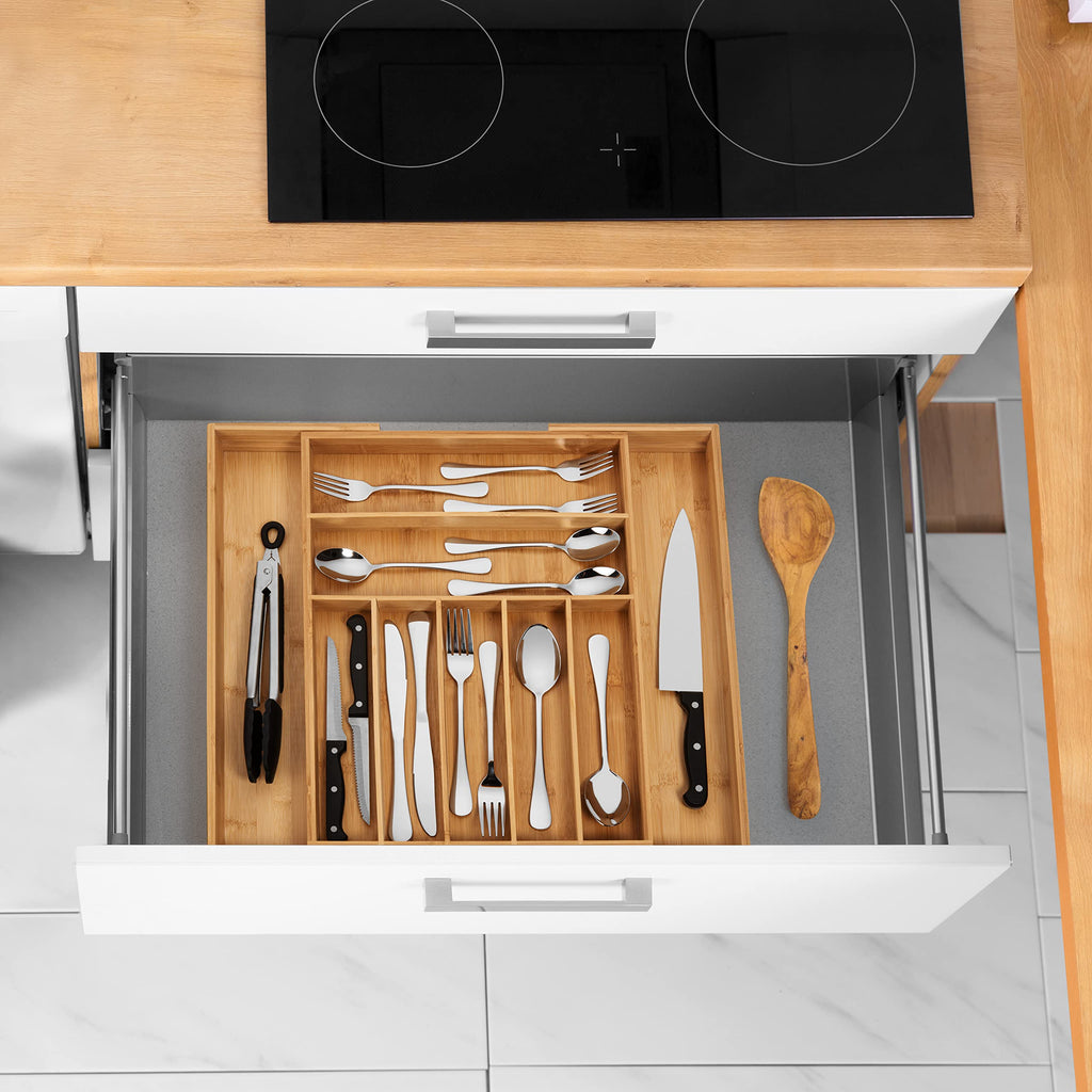 Purawood Bamboo Drawer Organizer - Expandable Silverware Organizer & Utensil Drawer Organizer, Cutlery Tray with Dividers, 7-9 Slots- Kitchen Organizer for Utensils & Flatware (Natural)