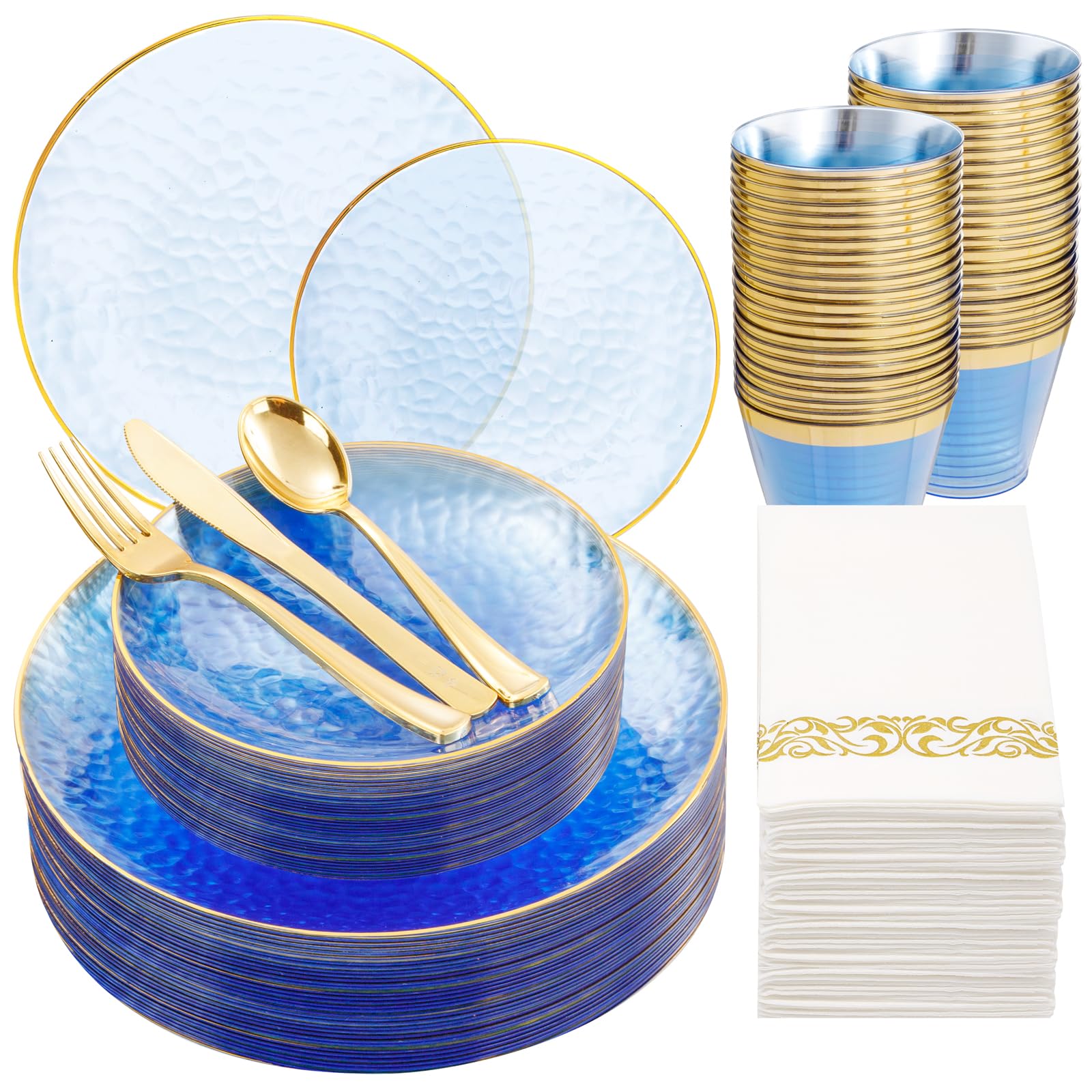DaYammi 350PCS Clear Gold Plastic Dinnerware Set for 50 Guests, Hammered Disposable Plates for Party, Include: 50 Dinner Plates, 50 Dessert Plates, 150 Gold Silverware, 50 Napkins, 50 Cups