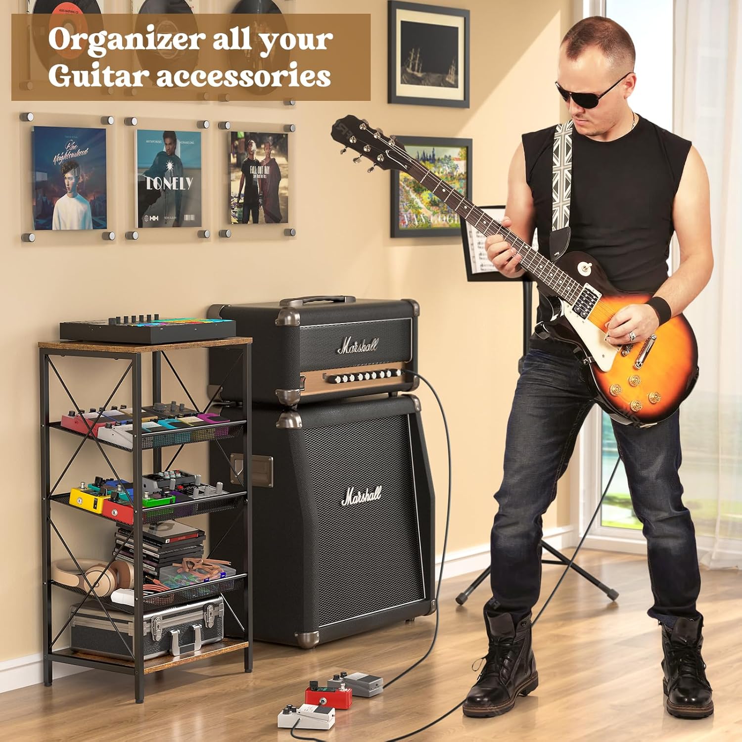 ThreeHio Guitar Pedal Organizer, 5 Tier Tuner Pedal Storage Shelf, Vintage Pedal Board Holder Stand, Freestanding Wooden Music Tuning Accessories Organization for Bass Guitar Ukulele Violin