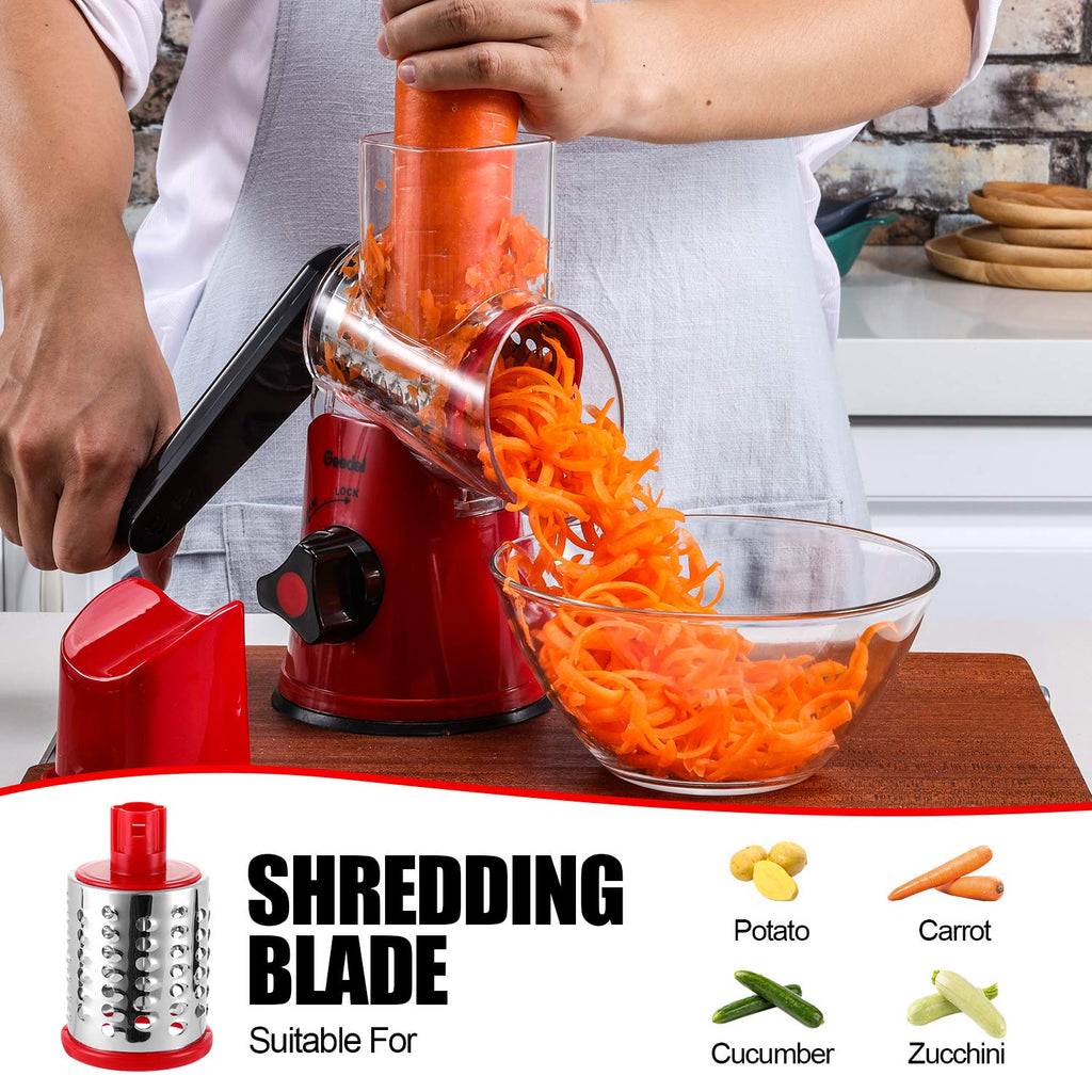 Geedel Rotary Cheese Grater, Kitchen Mandoline Vegetable Slicer with 3 Interchangeable Blades, Easy to Clean Rotary Grater Slicer for Fruit, Vegetables, Nuts