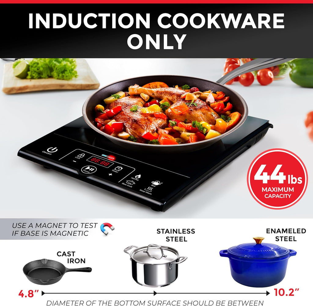 Mueller RapidTherm Portable Induction Cooktop Hot Plate Countertop Burner 1800W, 8 Temp Levels, Timer, Auto-Shut-Off, Touch Panel, LED Display, Auto Pot Detection, Child Safety Lock, 4 Preset Programs
