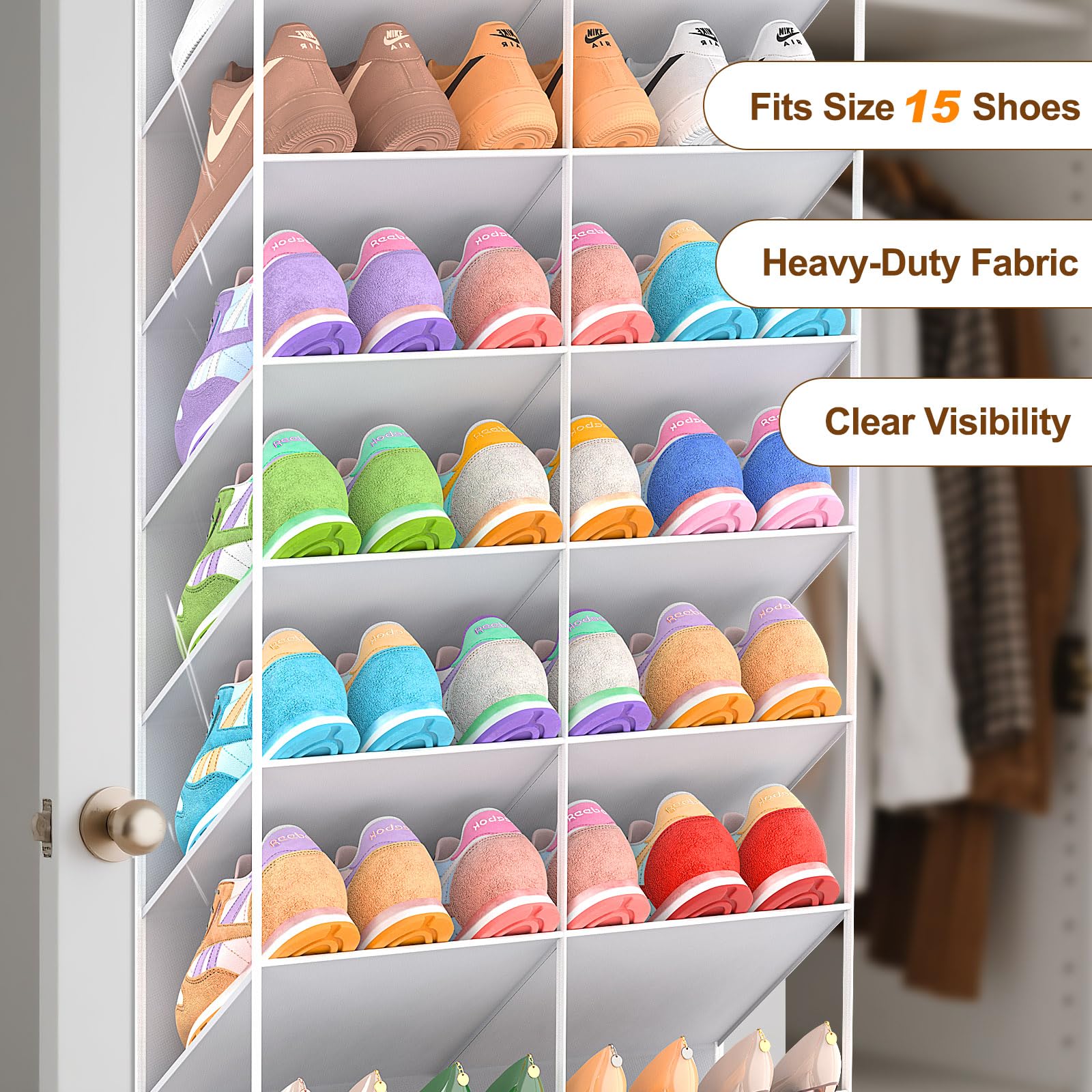UVIAHOMI 20-30 Pairs Over the Door Shoe Organizer, Clear Pockets Hanging Shoe Storage for Closet, 10-Tier Door Shoes Rack, Handing Shoes Holder Fit All the Family's Sneakers, Boots, Heels, Black